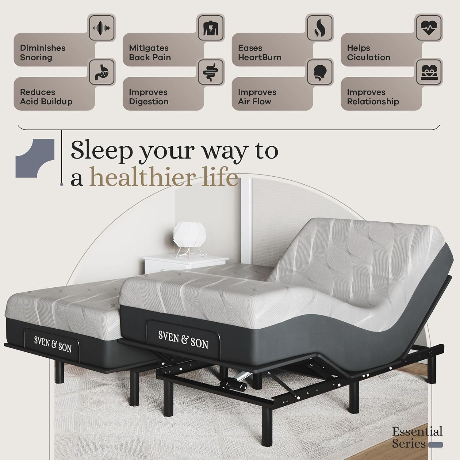 Sven and Son Essential Adjustable Bed Base (Frame) + 12 inch Memory Foam Matt (Medium), Easy Assembly, Head and Foot Lift, Memory Positions