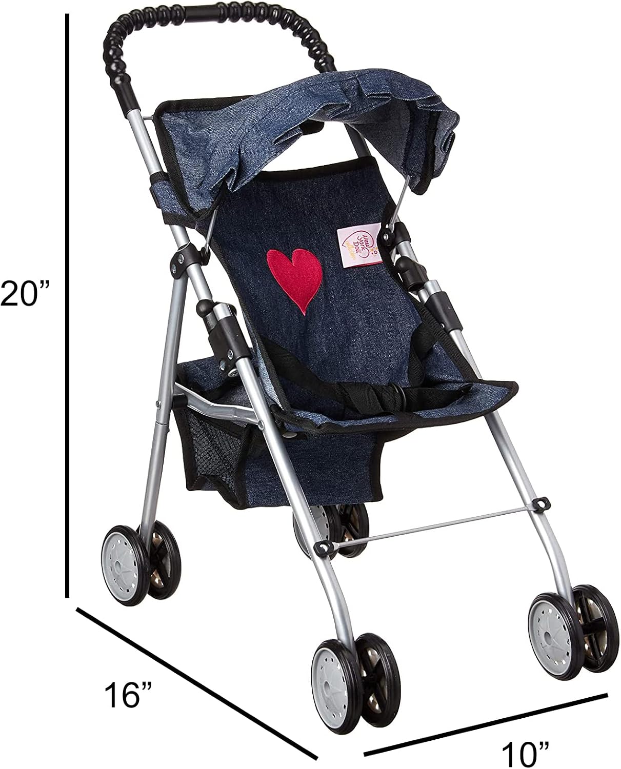 The New York Doll Collection My First Doll Stroller with Basket & Heart Design Foldable Doll Stroller, Pink
