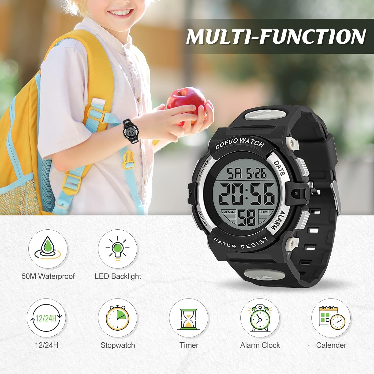 cofuo Kids Digital Watch for Boys Girls, Boys Watches Ages 3-17,Sport Outdoor Watch for Kid, 50M Waterproof Analog Multifunctional Chronograph LED Alarm Stopwatch Silicone Band, Kids Gift