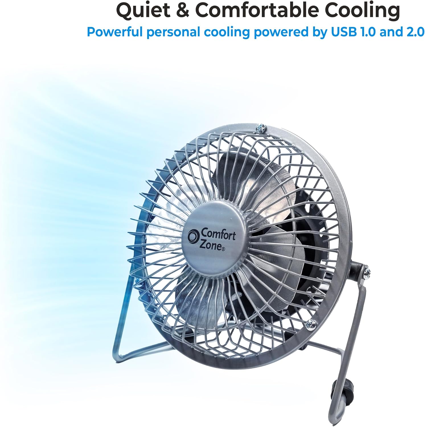 Comfort Zone 4-inch All-Metal Mini Desk Fan – High Velocity Portable USB Fan with 120V Wall Adapter