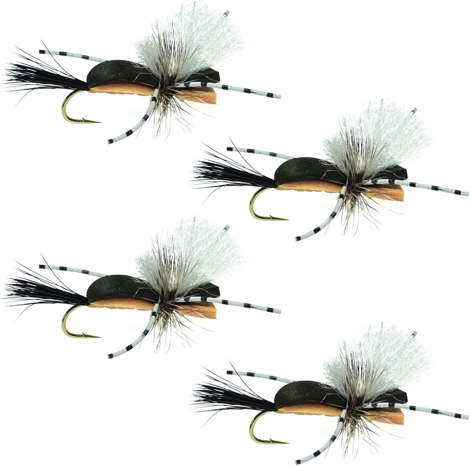 The Fly Fishing Place Hippie Stomper Black Tan Foam Body Trout Bass Dry Fly Fishing Flies - Set of 4 Hook Size 10