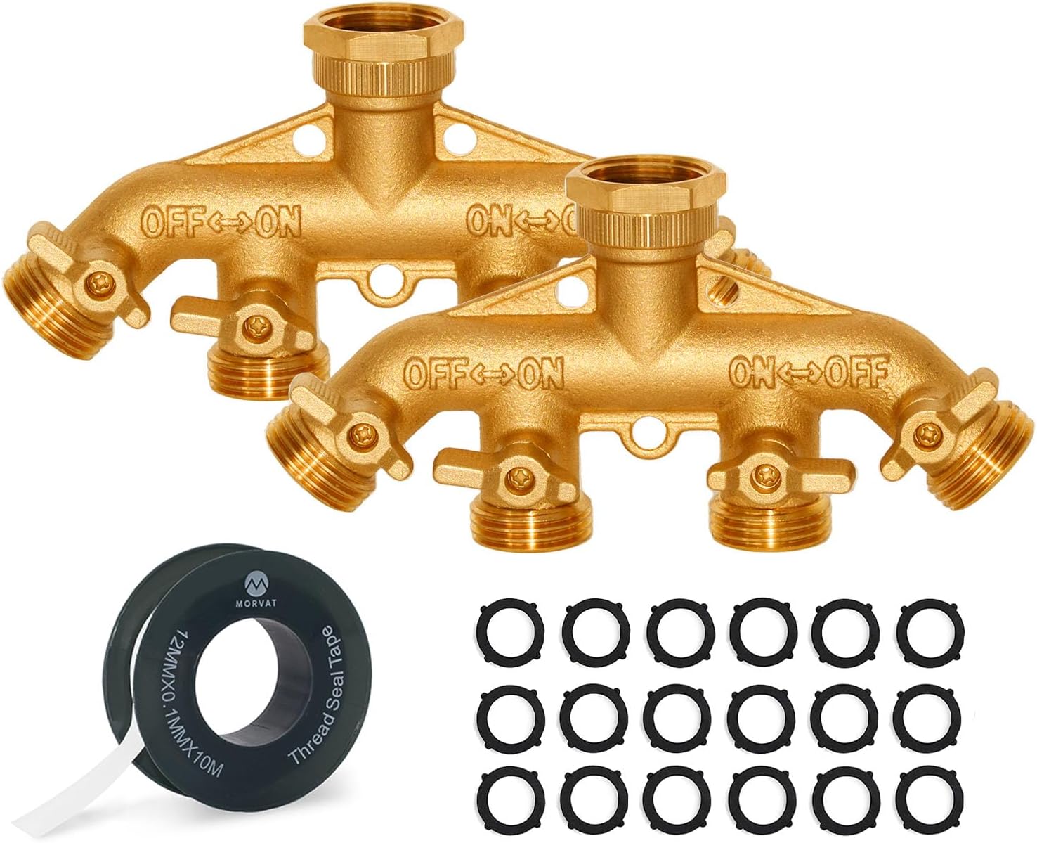 Brass Heavy-Duty Garden Hose Water Splitter | LEAD-FREE 2-Way Y Splitter for Water Spigot & Faucet | Manifold Connector ON/OFF Valves w/Improved Comfort Grip, 3 Extra Washers & Teflon Tape