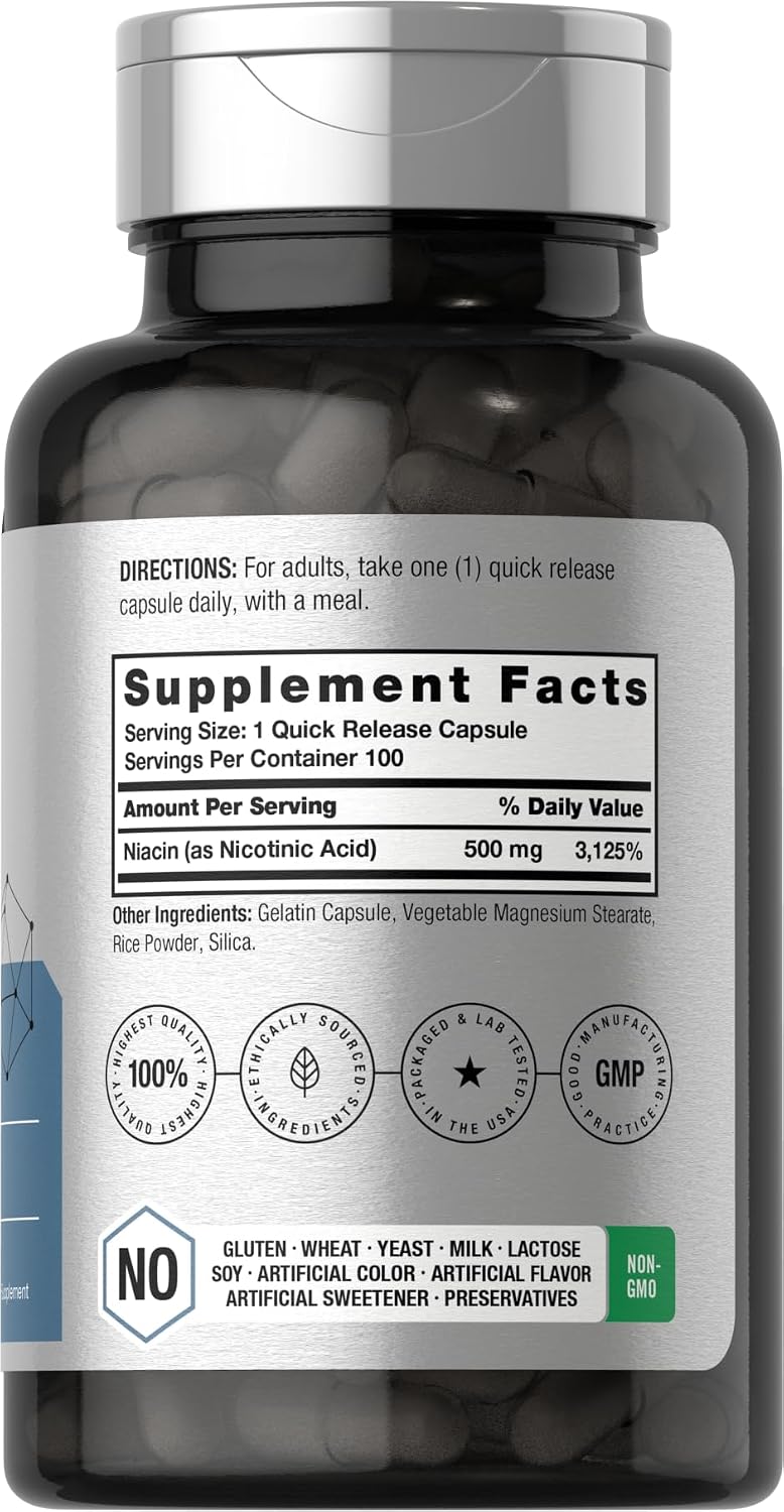 Horbäach Niacin | Vitamin B3 500mg | 100 Capsules | with Flushing | Non-GMO, and Gluten Free Supplement