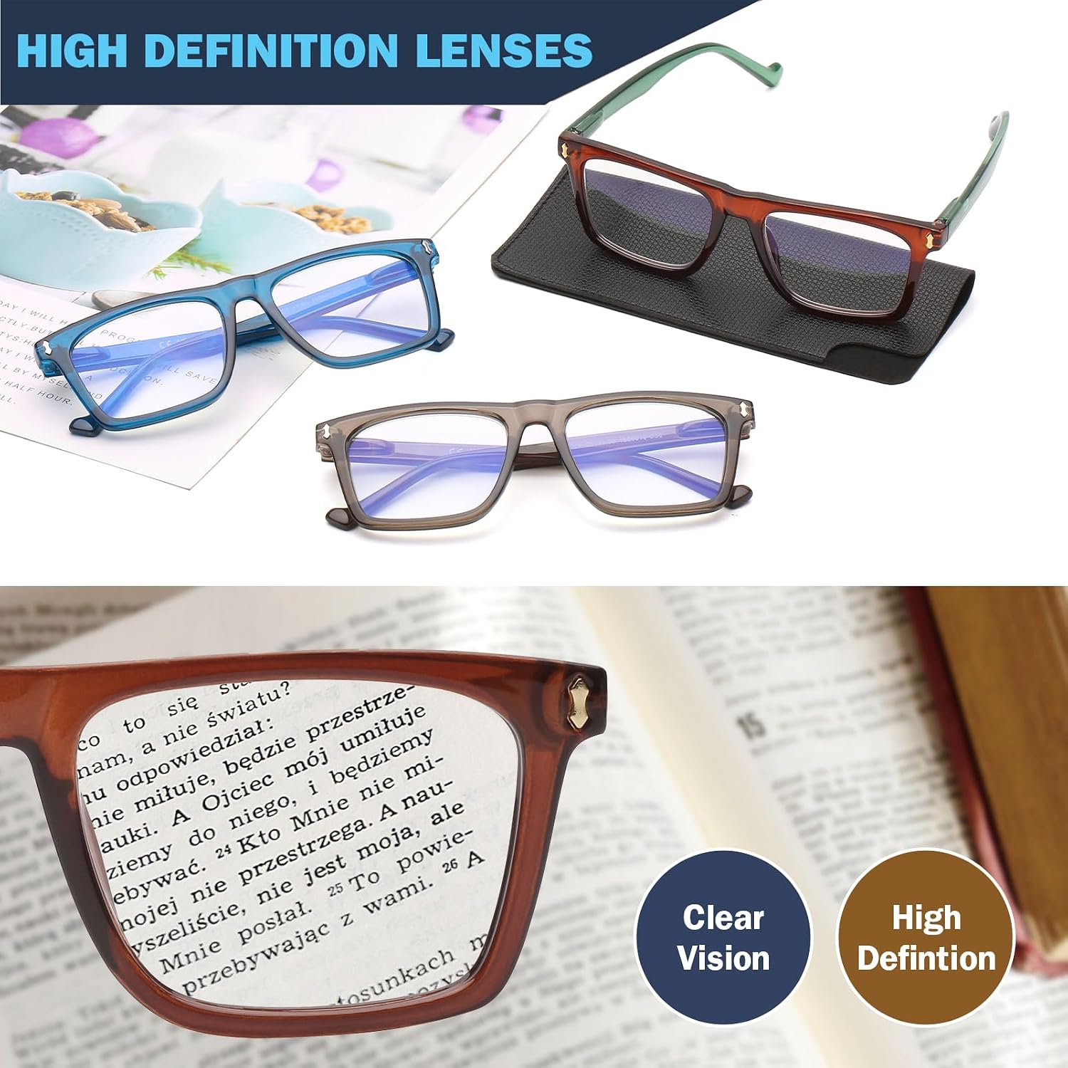 AQWANO Oversized Computer Reading Glasses Blue Light Blocking, 4 Pairs Stylish Fashion Design Anti UV Ray/Eye Strain/Glare Readers Men Women, 1.5