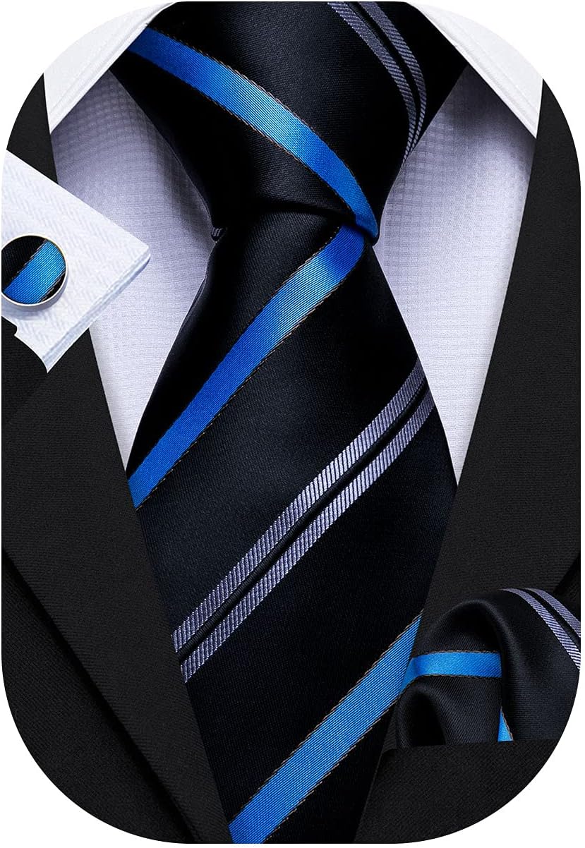 Barry.Wang Plaid Ties for Men Silk Necktie Handkerchief Cuff Links Set