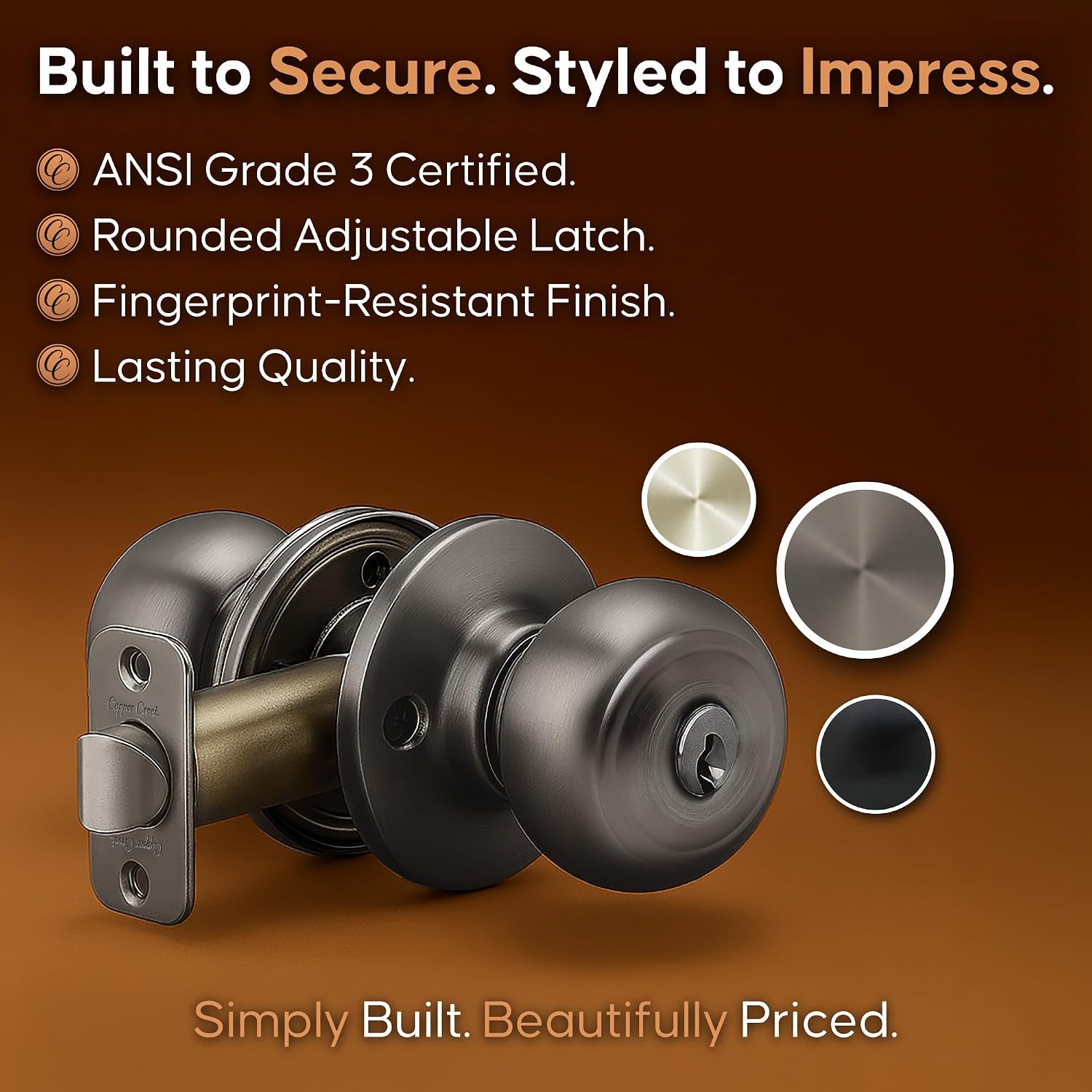 Copper Creek Colonial Privacy Interior Door Knob – ANSI Grade-3 Certified, Modern Heavy Duty Handle, Easy Install and Reversible for Bedroom, Bathroom and Closets – Satin Stainless (1 Pack)
