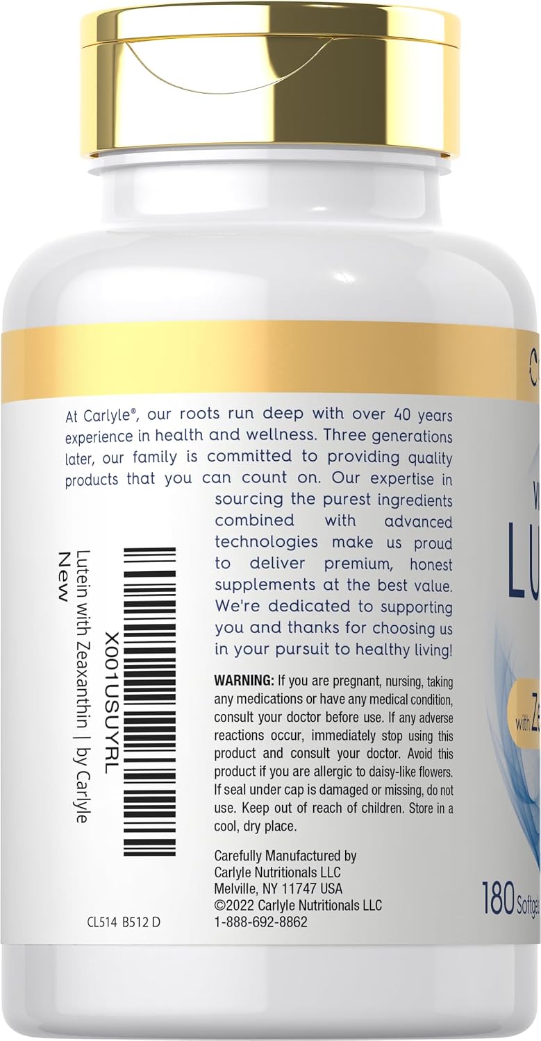 Carlyle Lutein and Zeaxanthin Supplement | 40mg | 180 Softgels | Pills for Eyes | Eye Health Vitamins | Visi-Gold | Non-GMO and Gluten Free