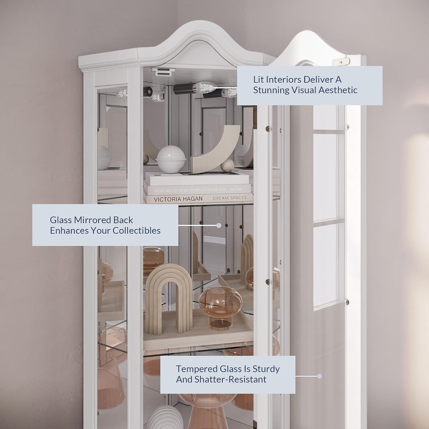 BELLEZE Lighted Corner Display Curved Top Curio Cabinet Wooden Shelving Unit with Tempered Glass Door