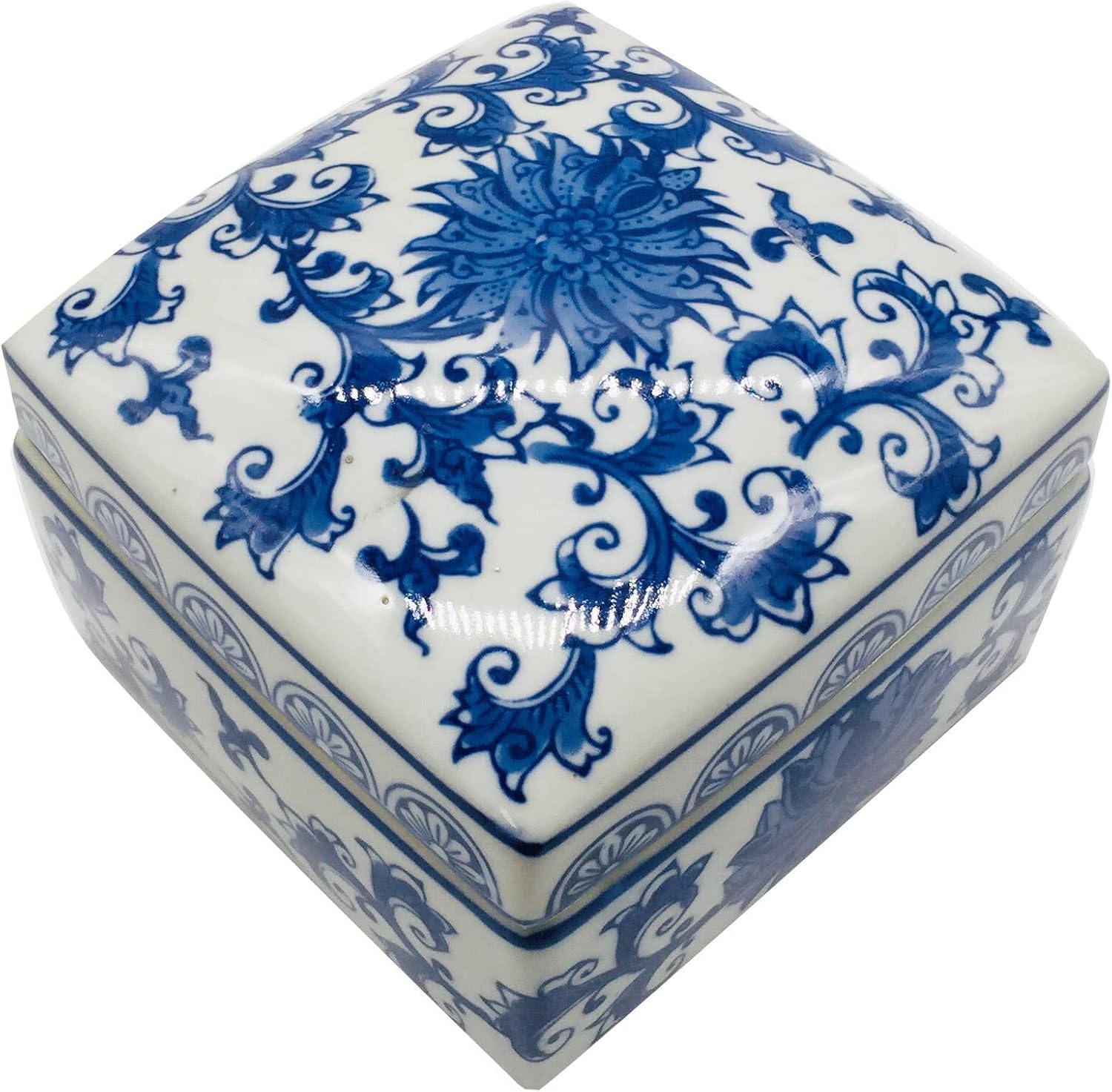 Blue & White China Lotus Floral Pattern Chinoiserie Square Ceramic Storage Box Jewelry Trinkets Organizer