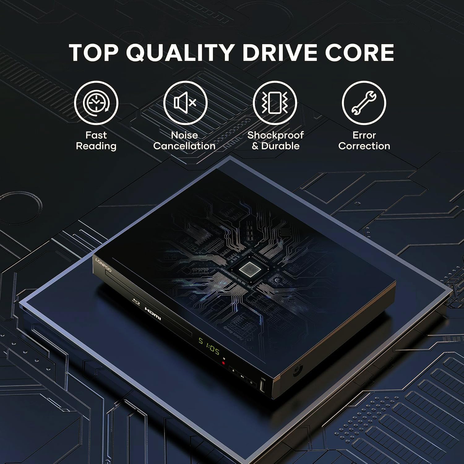 LONPOO LP-100 Blu-Ray Disc Player for TV 1080P DVD CD HDMI USB Upscaling
