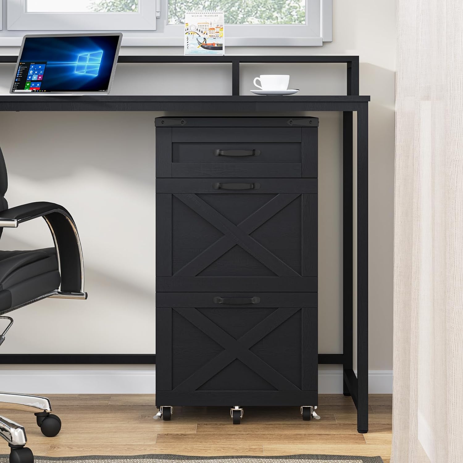 3 Drawers Tall Farmhouse File Cabinet with Wheels for Home Office, Black | Halitaa Vertical Filing Cabinet Fits Letter/A4 Size, Rolling File Cabinet Wooden Printer Stand for Home Office