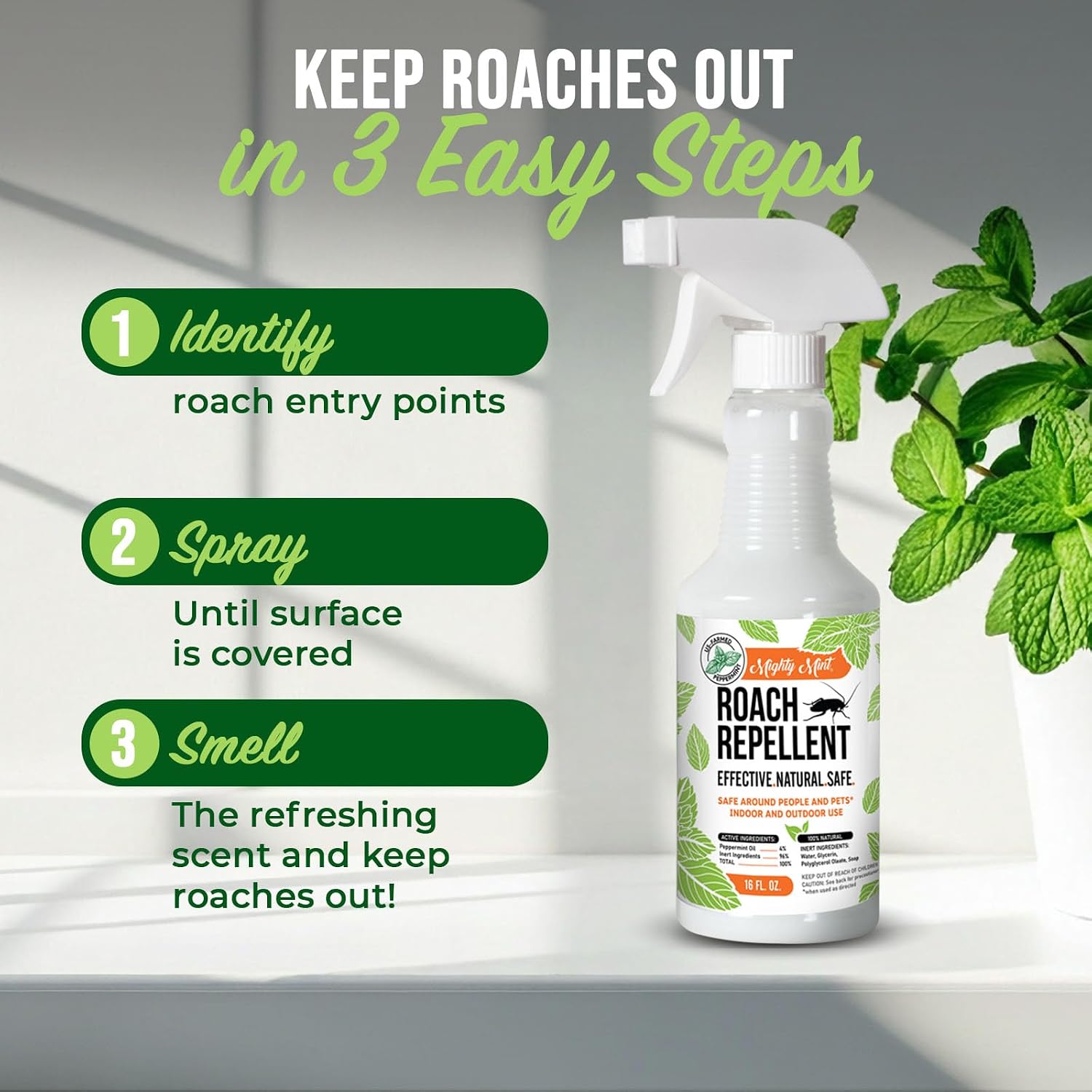 Mighty Mint Peppermint Oil Roach Repellent Spray, 16 oz | Natural Cockroach Killer, Indoor and Outdoor Use, Plant-Based Insect and Pest Control