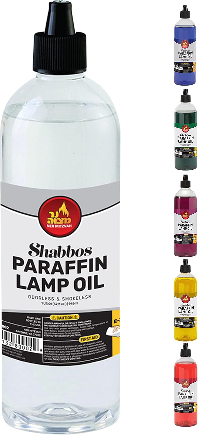Ner Mitzvah Paraffin Lamp Oil, Clear Smokeless, Odorless, Clean Burning Fuel for Indoor and Outdoor, Use with E - Z Fill Cap and Pouring Spout, 32oz