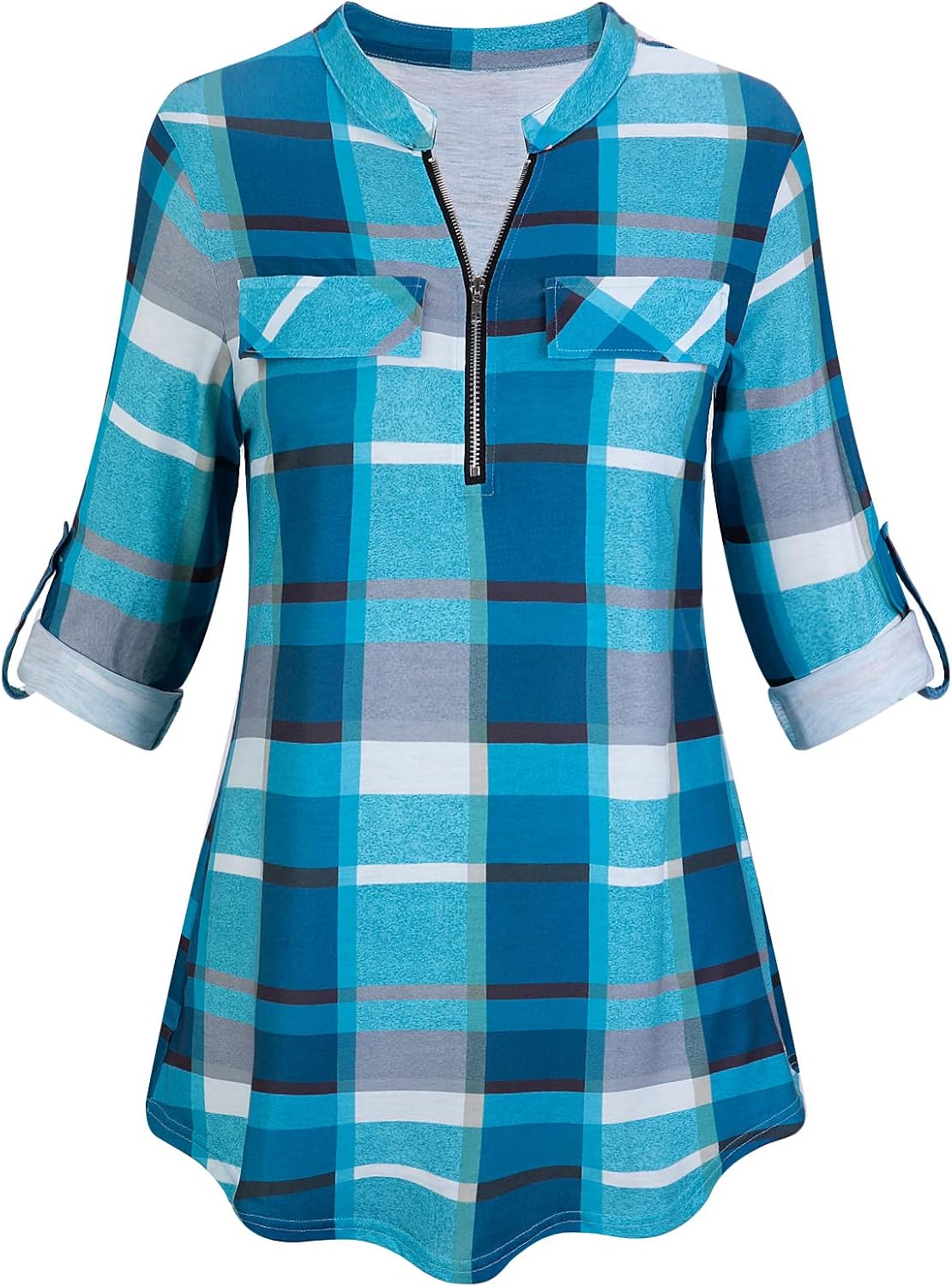 Tanst Sky Womens Casual Long Sleeve Zipped V Neck Plaid Tunic Blouses