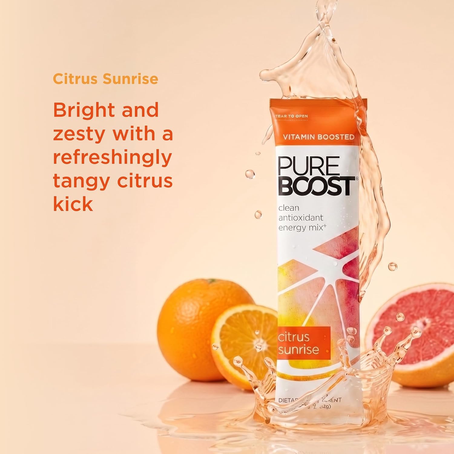 Pureboost Sugar-Free Clean Energy Booster Drink Mix, Citrus Sunrise 30ct | B12 vitamins, low sodium electrolytes & antioxidants. 25 vitamins and minerals. No sucralose.