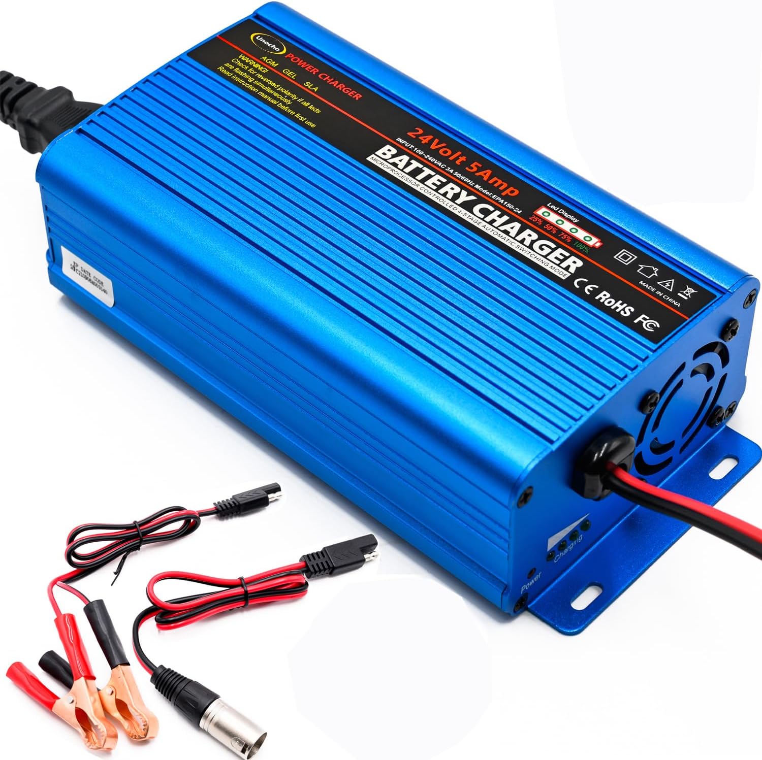 Unocho 24V 5A Battery Charger Maintainer 4-Stage Smart Lead-Acid Charger with 3-Pin XLR Connector Power Switch and LED Display for Wheelchairs Mobility Scooters AGM Gel SLA VRLA
