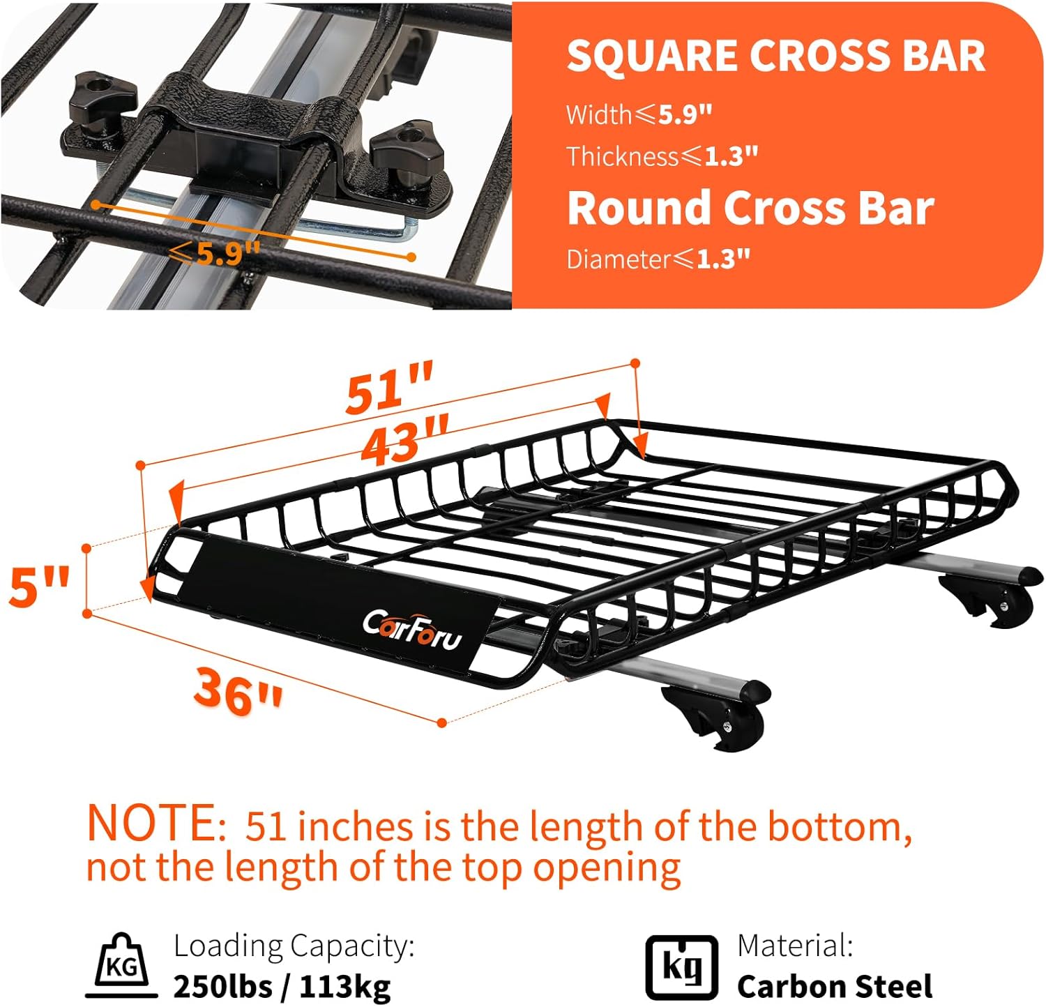 Universal Roof Rack Basket, 51"x36"x5", 250LB Heavy Duty for Truck | Premium heavy duty universal roof cargo basket, 250LB capacity