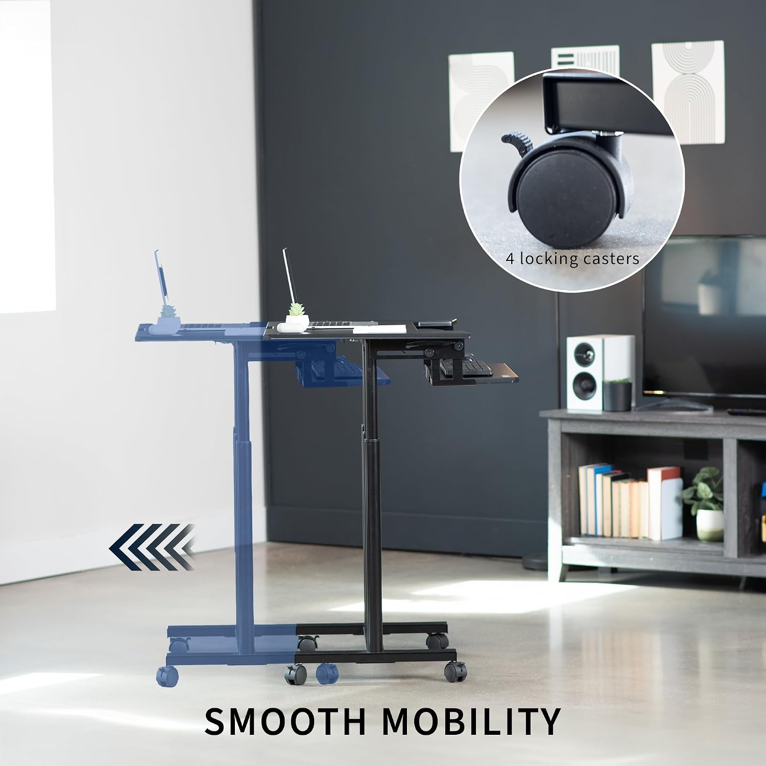 VIVO Mobile Height Adjustable Table, Stand Up Desk Cart with Sliding Keyboard Tray, Computer Workstation, Rolling Presentation Cart, Black