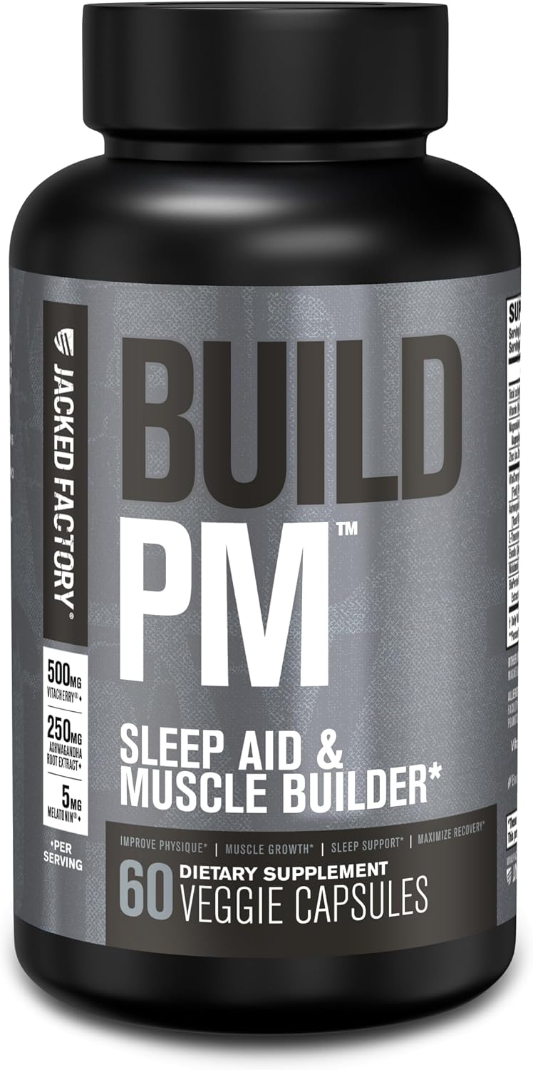 Jacked Factory Build PM Night Time Muscle Builder & Sleep Aid - Post Workout Recovery & Sleep Support Supplement w/VitaCherry Tart Cherry, Ashwagandha