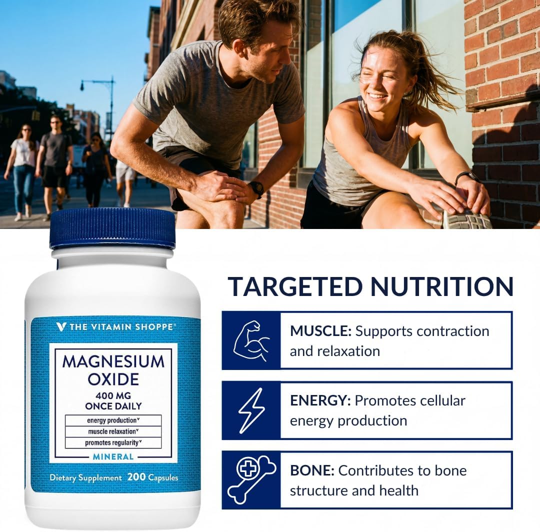 The Vitamin Shoppe Brand Magnesium Oxide 400 mg, Bone Support, 200 Count | Daily Magnesium Mineral for Muscle Relaxation