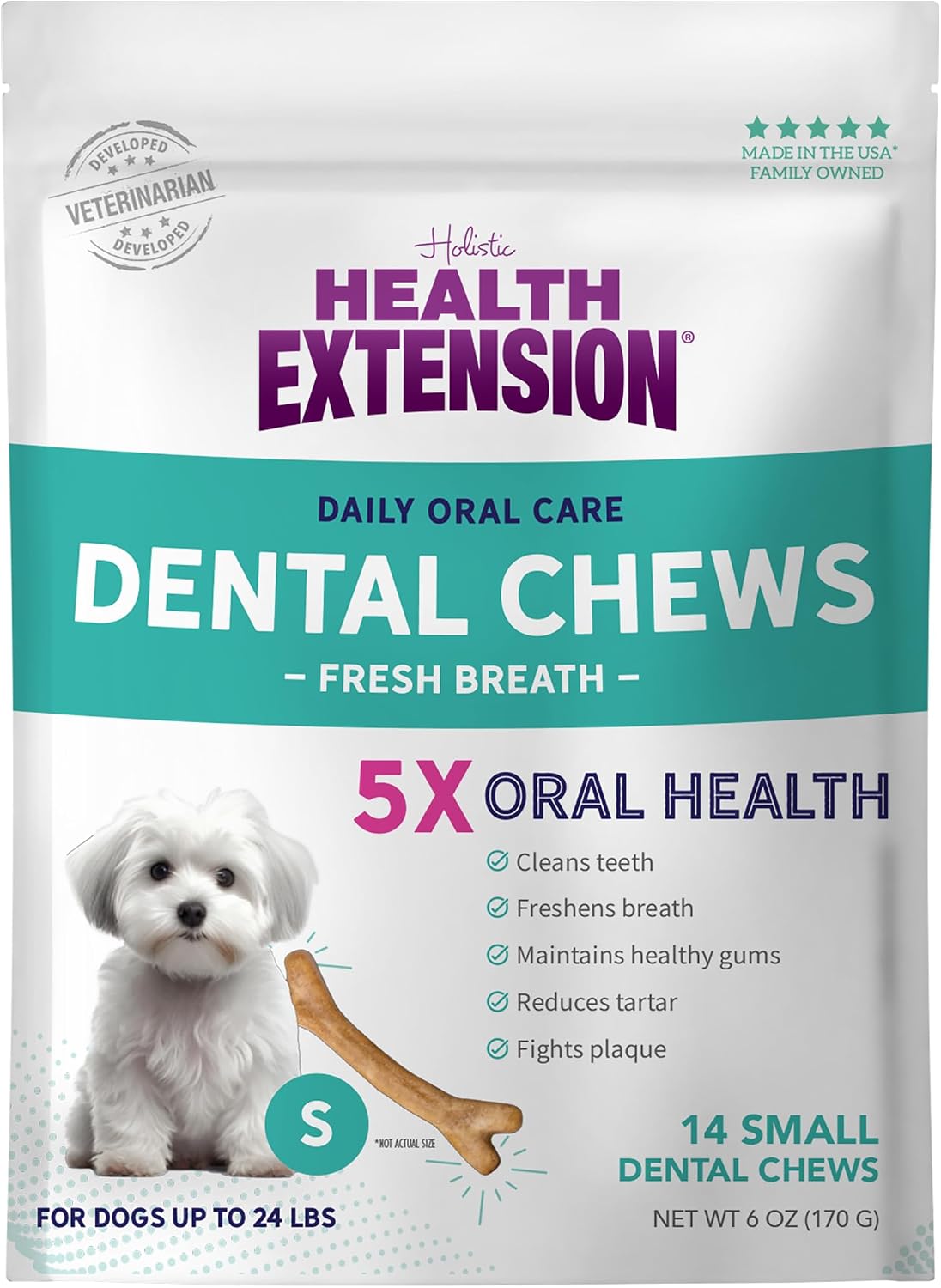 Health Extension Probiotic Dental Bones for Dogs, 14 Small Bones, Cleans Teeth, Healthy Gums, Freshens Breath, Training or Reward, 6 oz Bag (Pack of 1)