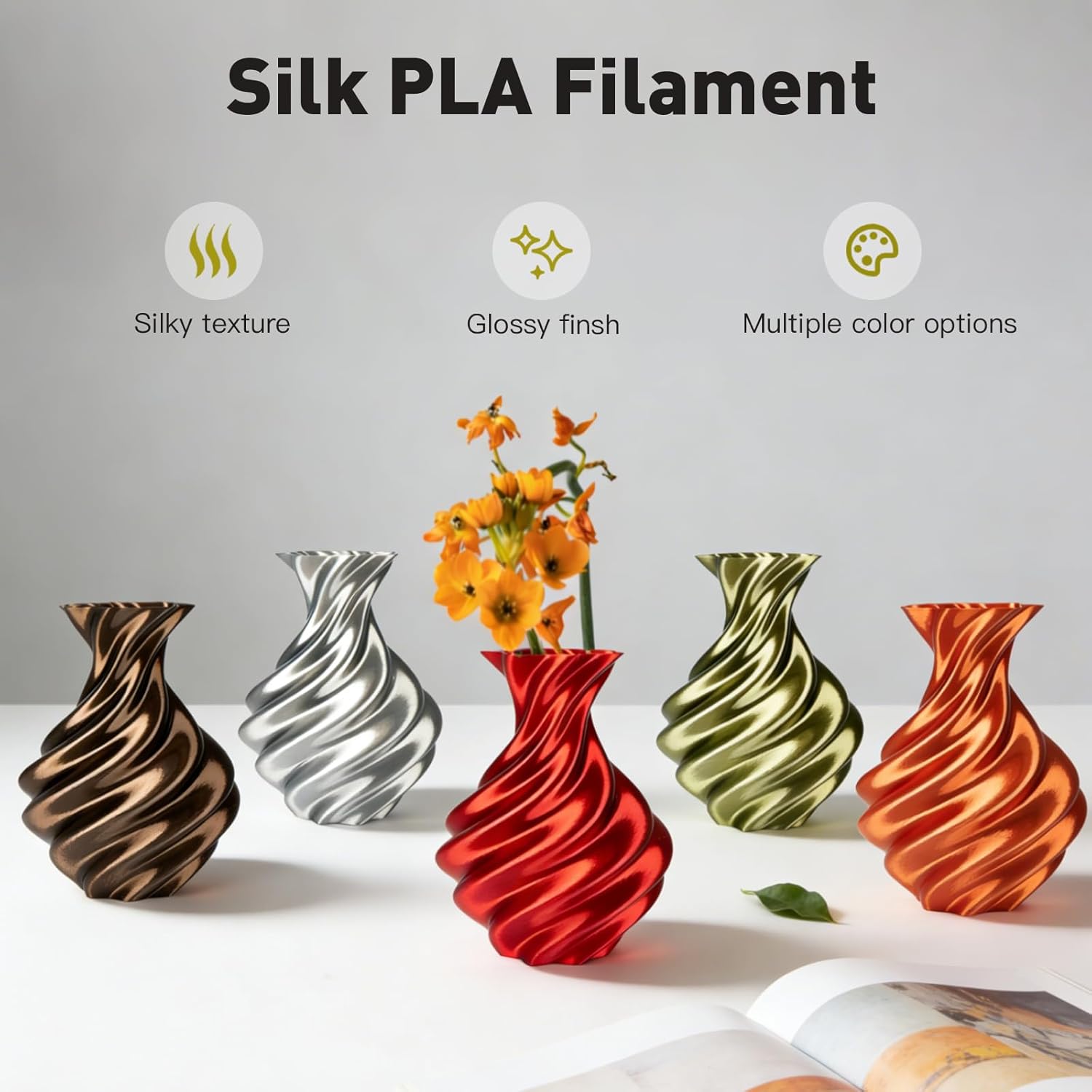 ERYONE Silk Filament PLA+ 1.75mm Upgraded Shiny 3D Printer Filament, Gloss Finish, Fit Most FDM Printer Stable Printing,1kg (2.2LBS)/Spool, Silver