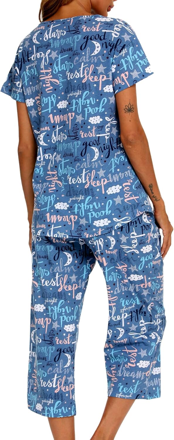 ENJOYNIGHT Womens Pajama Set Cotton Summer Pj Top with Capri Pant Sleepwear