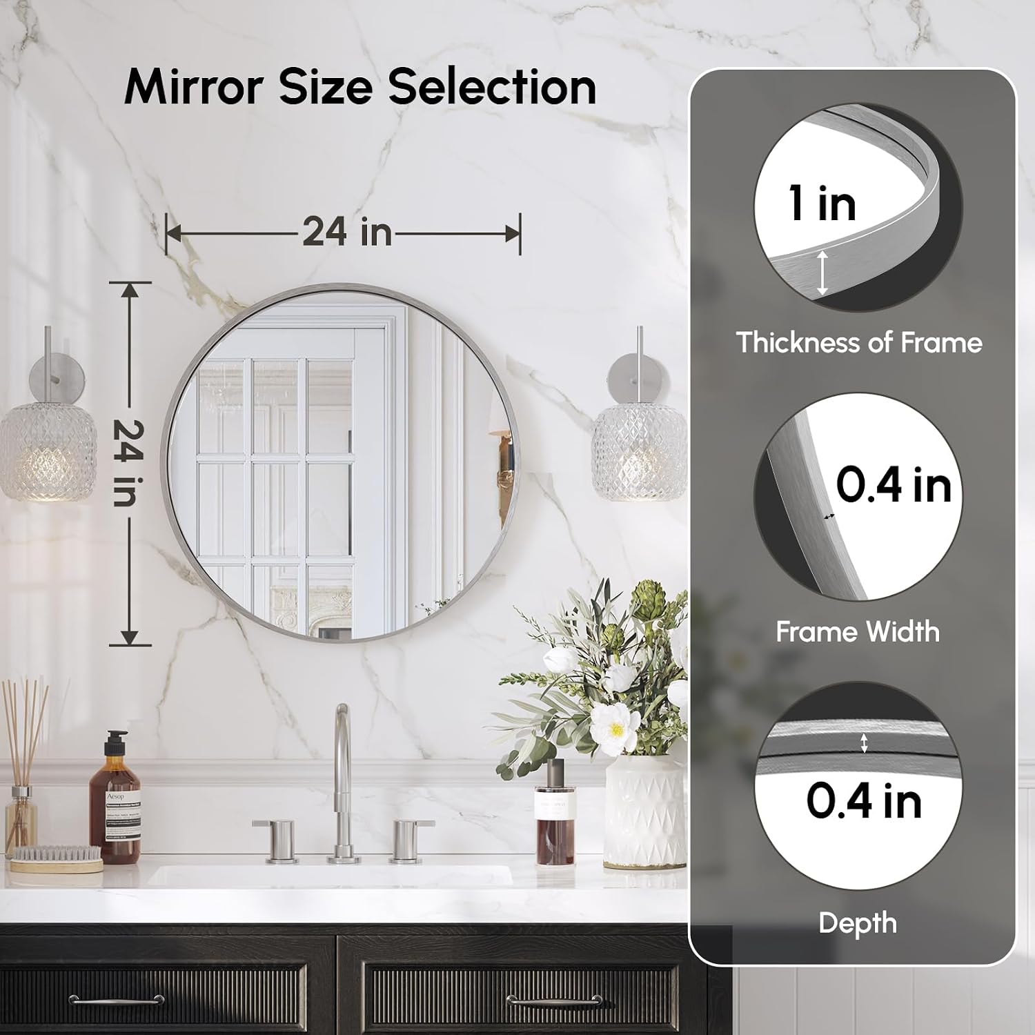 USHOWER Frameless Round Bathroom Mirror 24"