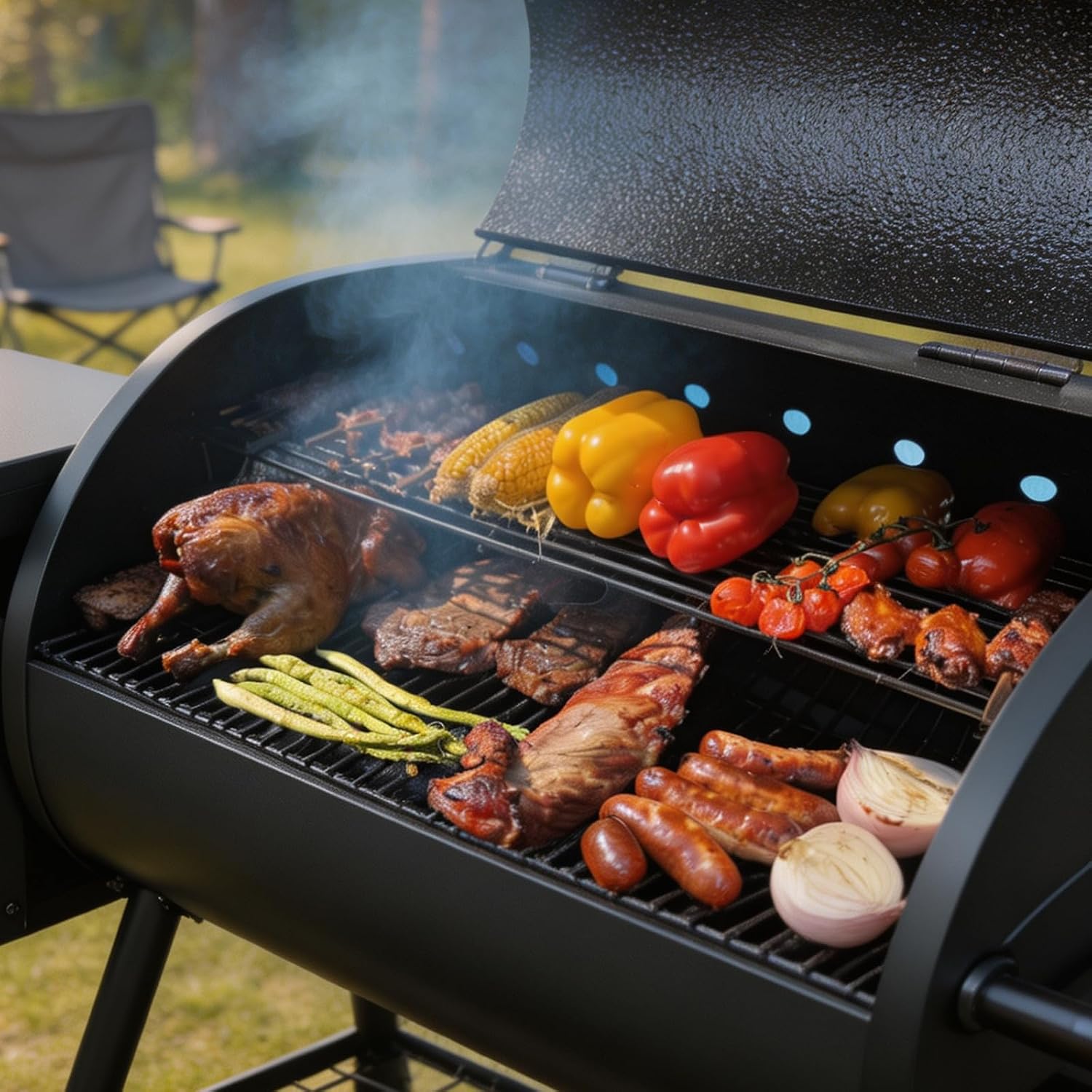 KingChii Electric Wood Pellet Grill & Smoker with Side Shelf, 456 SQ.IN Grill Capacity, with PID Temperature Control (180-425°F) for Backyard Camping Bake and Roast, Black