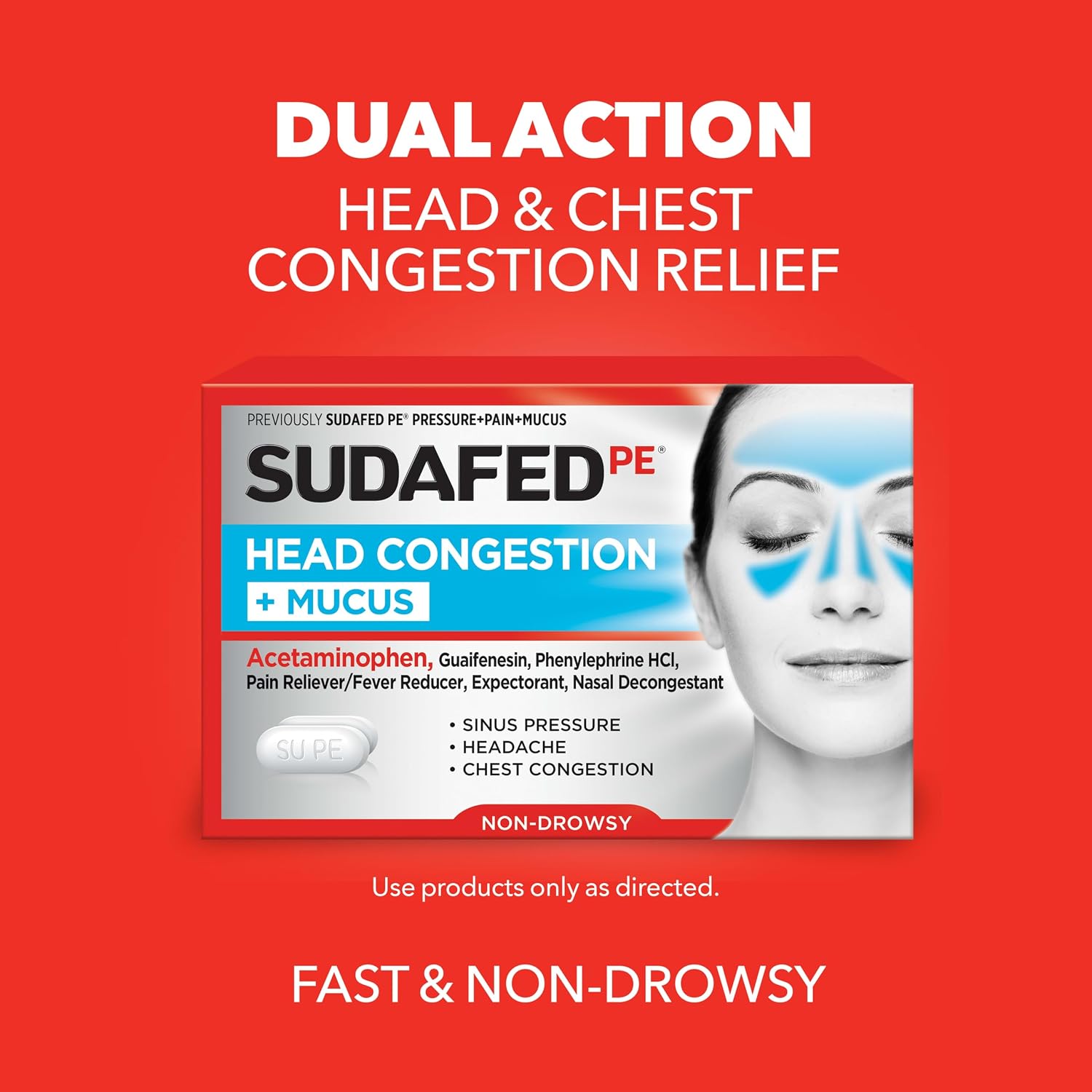 Sudafed PE Head Congestion + Mucus Relief Tablets, Non-Drowsy, 24 Ct | For Sinus Pressure, Congestion & Headache, Decongestant with Acetaminophen
