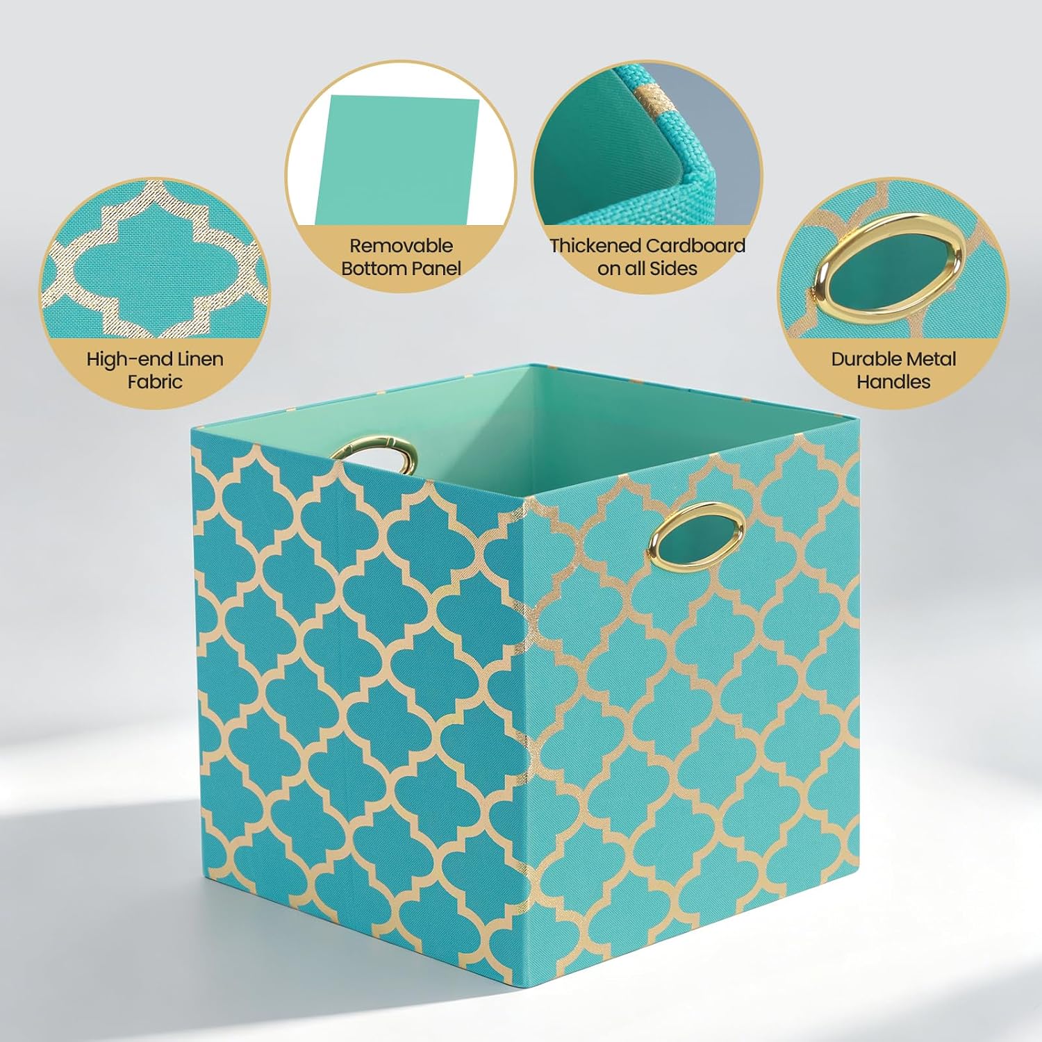 Posprica Storage Bins, Storage Cubes,13×13 Fabric Drawers Organizer Basket Boxes Containers (13×13×13/4pcs, Cream/gold geometry Pattern)