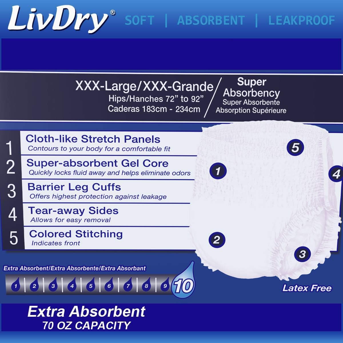 LivDry Adult XL Incontinence Underwear, Overnight Comfort Absorbency, Leak Protection, X-Large, 48-Pack