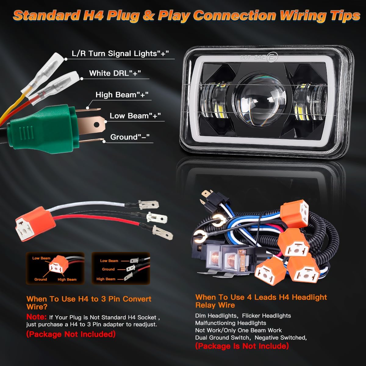 5x7/7x6in H6054 LED Headlights DOT Approved Hi/Low Sealed Beam 2PCS
