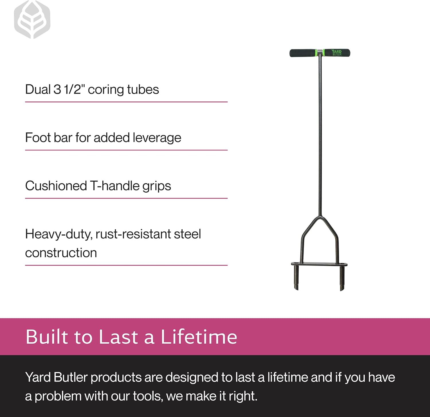Yard Butler Manual Lawn Coring Aerator, ID-6C - Lawn Care Tool for Aerating - Long-Handled - Power-Coated Steel Construction - Comfortable Cushioned Handles Garden Tool - Easy to Use | Long-Handled Aerator, Powder-Coated Steel Construction, Cushioned Han…
