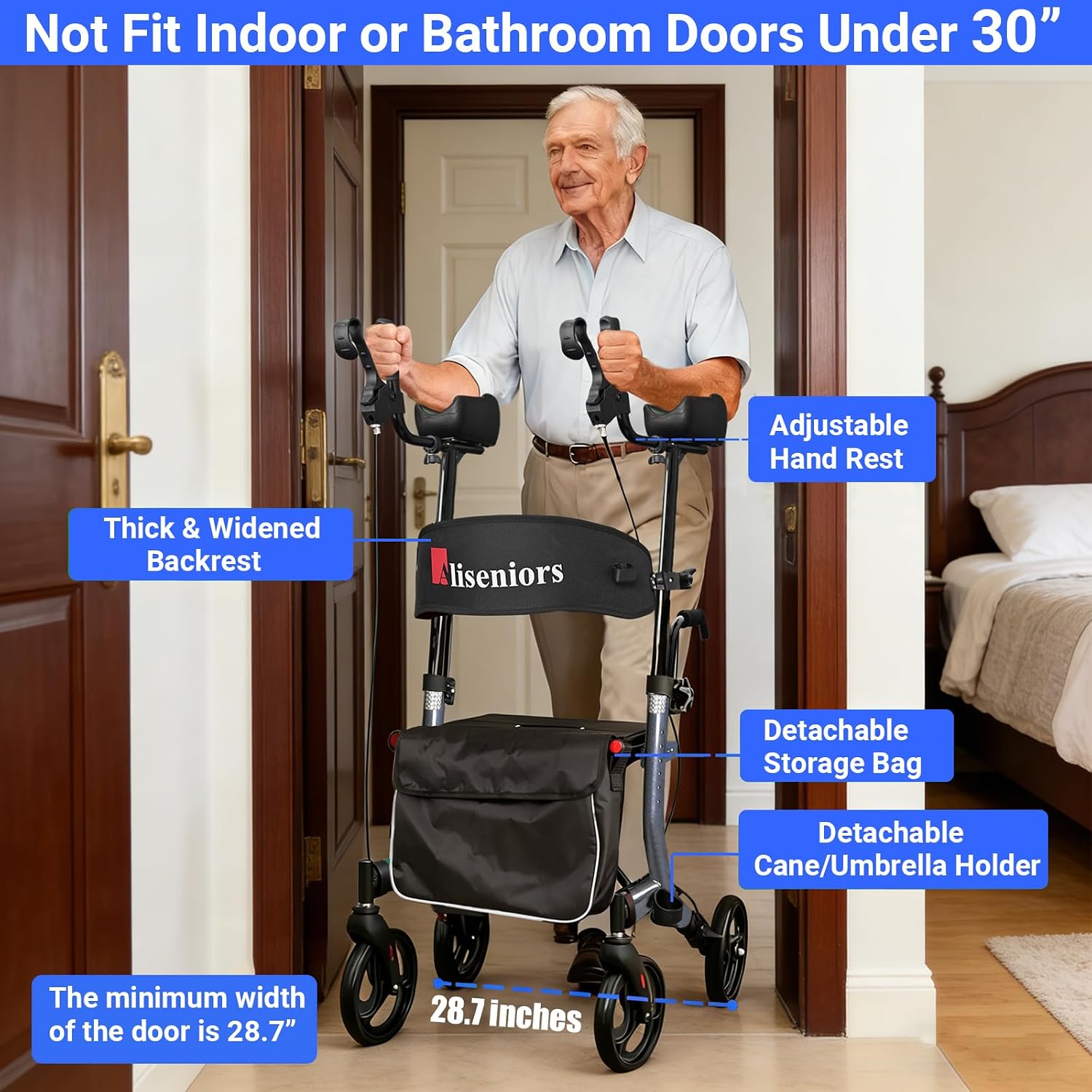 Aliseniors Upright Walker for Seniors - Big Stand Up Walker with Wide Seat, Foldable 4 Wheel All-Terrain Rolling Walker, Adjustable Armrests, 300lbs, Improves Posture & Reduces Back Strain | 20.6" Wide Seat, Foldable Rollator, 8" All-Terrain Wheels, Adju…