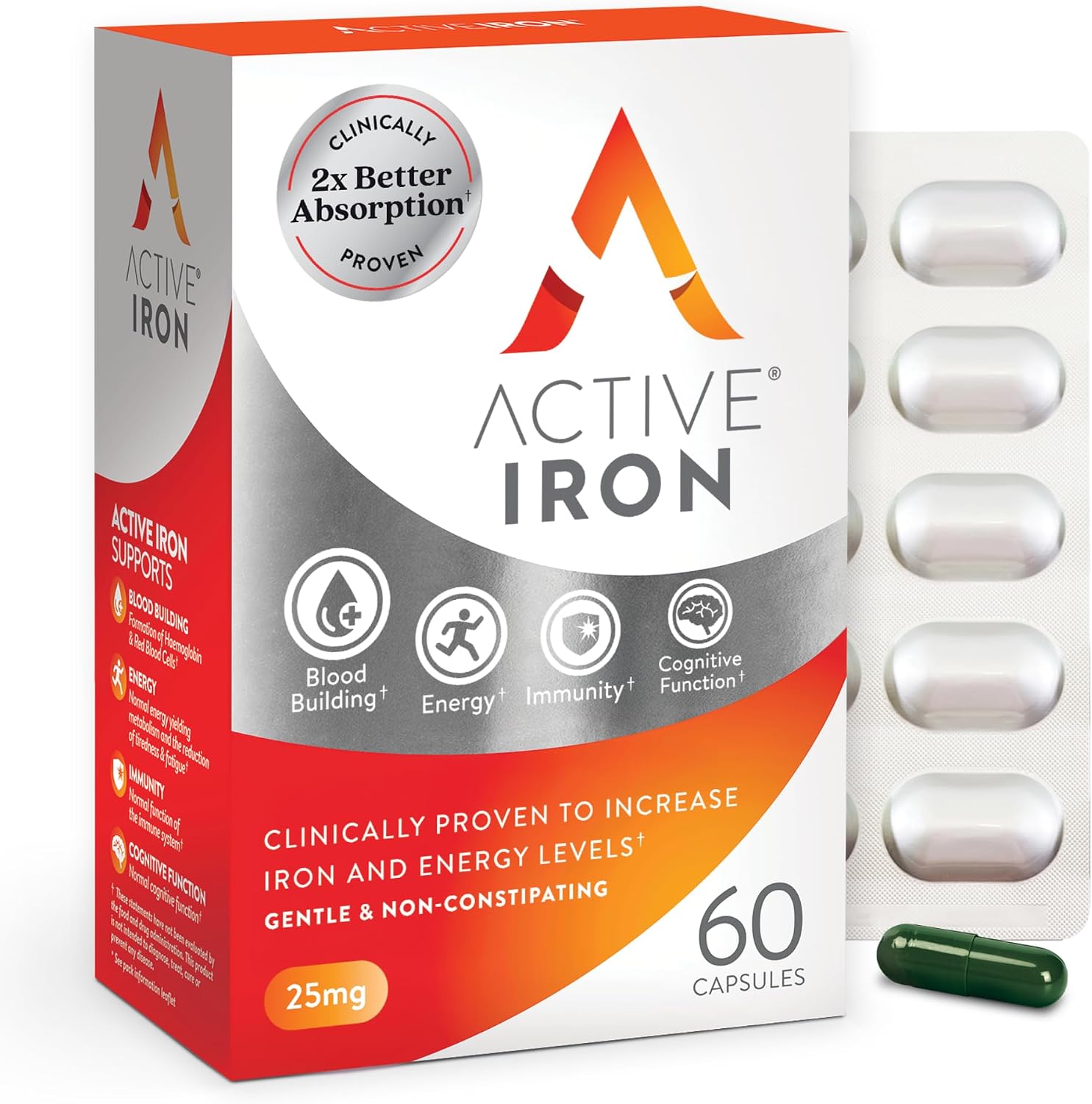 Active Iron Supplement 25mg, Clinically Proven to Increase Iron, Gentle | Optimum Absorption Iron Pills, Increases Energy Levels, Non-Constipating, Avoids Nausea, 60 On-the-Go Foil Protected Capsules