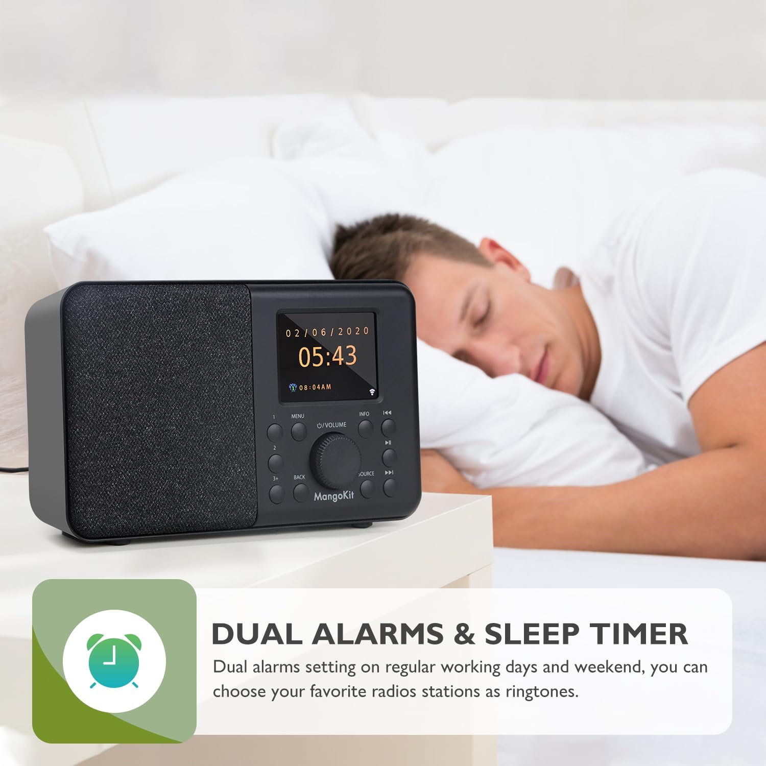 SR10 WiFi Radio, Bluetooth, FM & Internet, Walnut | 60 presets, dual alarms, colour display, OKTIV App control, podcast player, mains or AA battery, headphone jack, compact