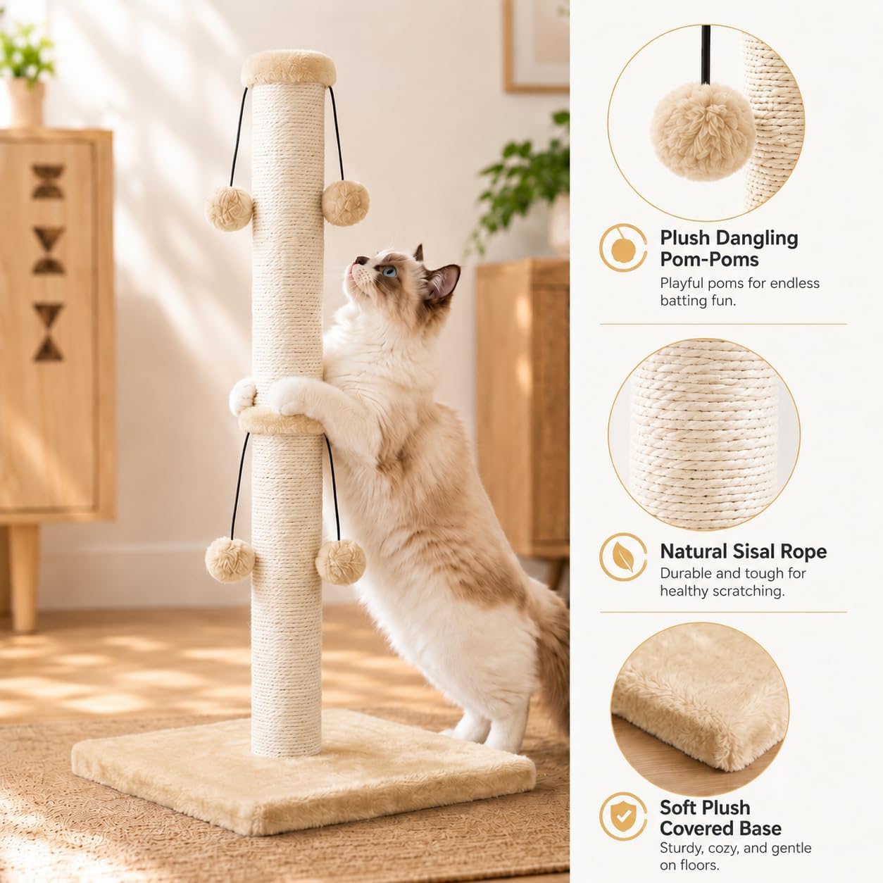 Dimaka 29'' Cat Scratching Post, Natural Sisal Rope Scratcher Post, Kitten Claw Scratch with 4 DanglingToy Balls for Large Cats (Grey)