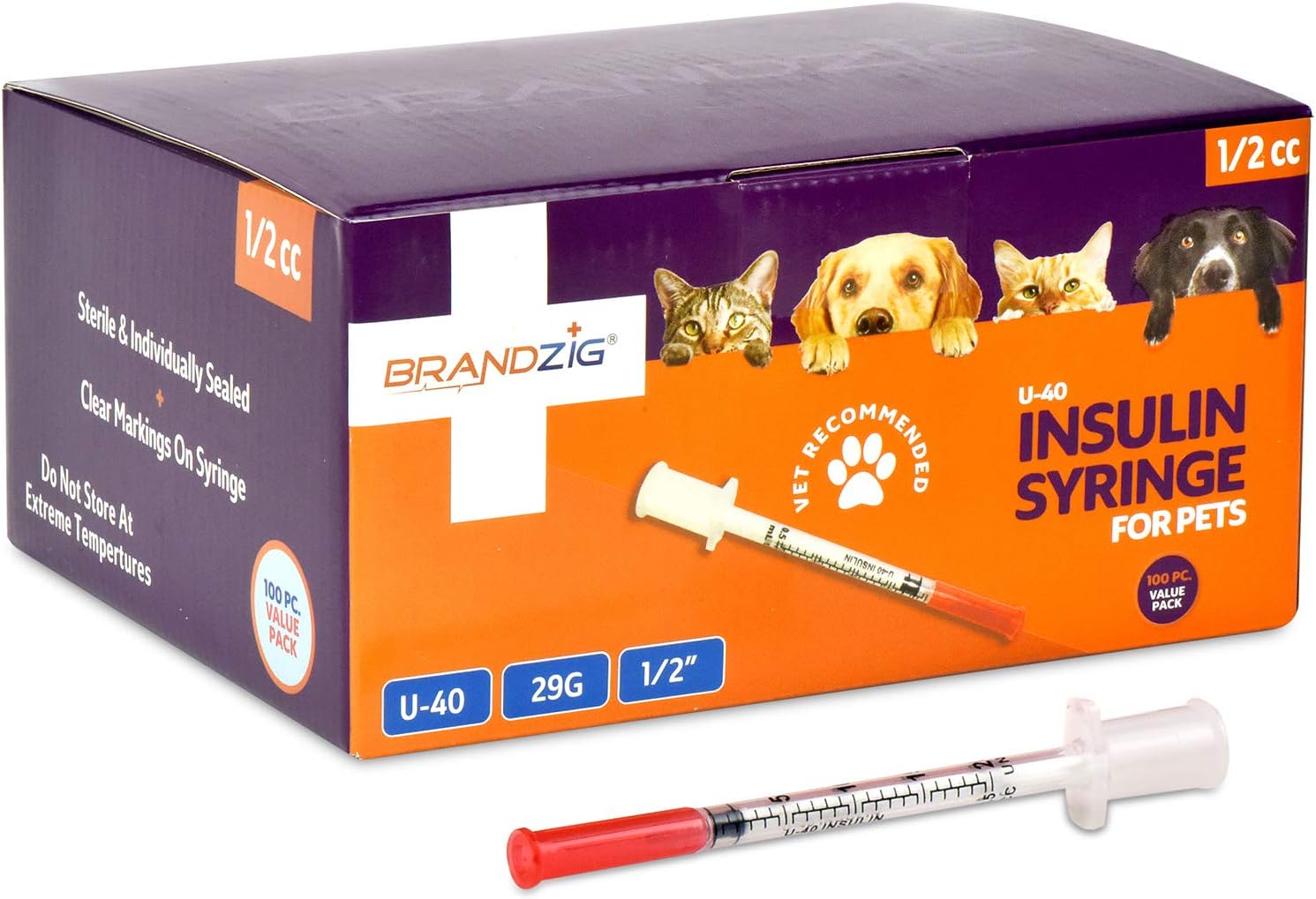 Brandzig U-40 Pet Insulin Syringes 29G 1/2cc, 1/2" 100-Pack