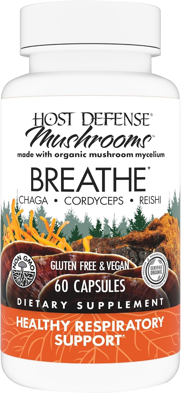 Host Defense Breathe* Capsules - Immune & Respiratory Support Mushroom Supplement - Herbal Lung Health Supplement with Chaga, Reishi & Cordyceps - 30 Capsules (15 Servings)*
