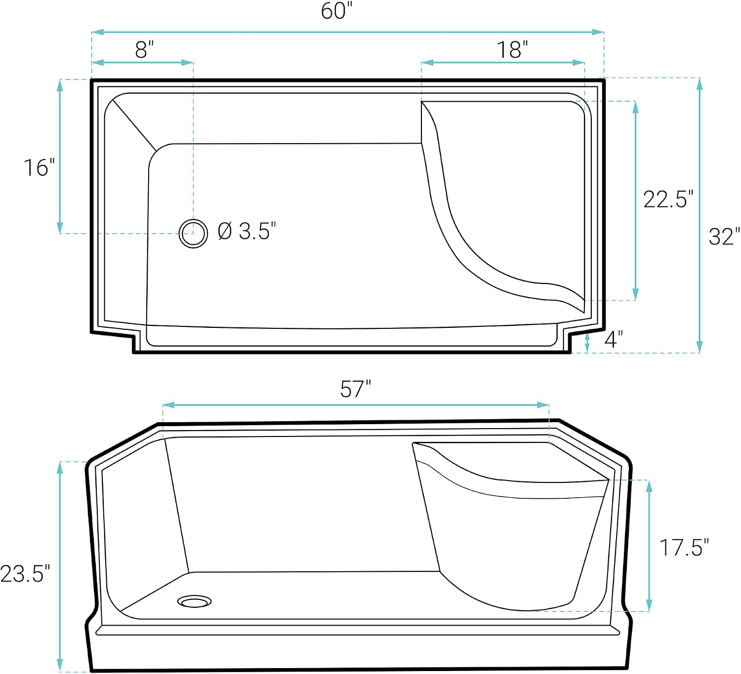 Aquatique 60 X 32 Single Threshold Shower Base With Left Hand Drain and Integral Right Hand Seat in White