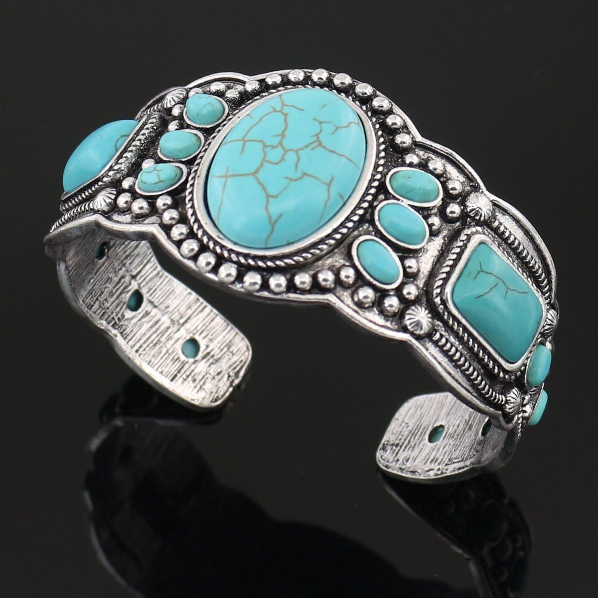 Women's Antique Rgentium Plated Base Heart Compressed Turquoise Bracelet Cuff Bangle Fashion Jewelry