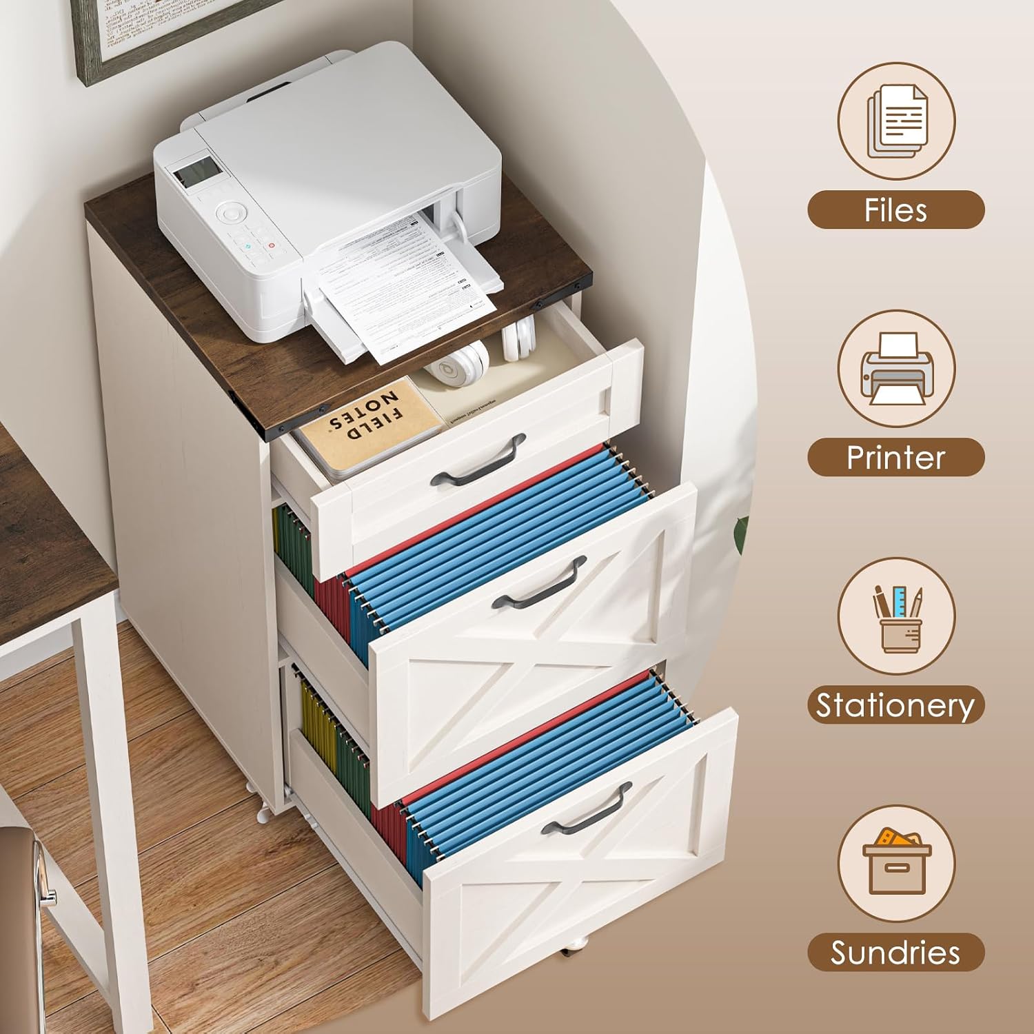 3 Drawers Tall Farmhouse File Cabinet with Wheels for Home Office, Black | Halitaa Vertical Filing Cabinet Fits Letter/A4 Size, Rolling File Cabinet Wooden Printer Stand for Home Office