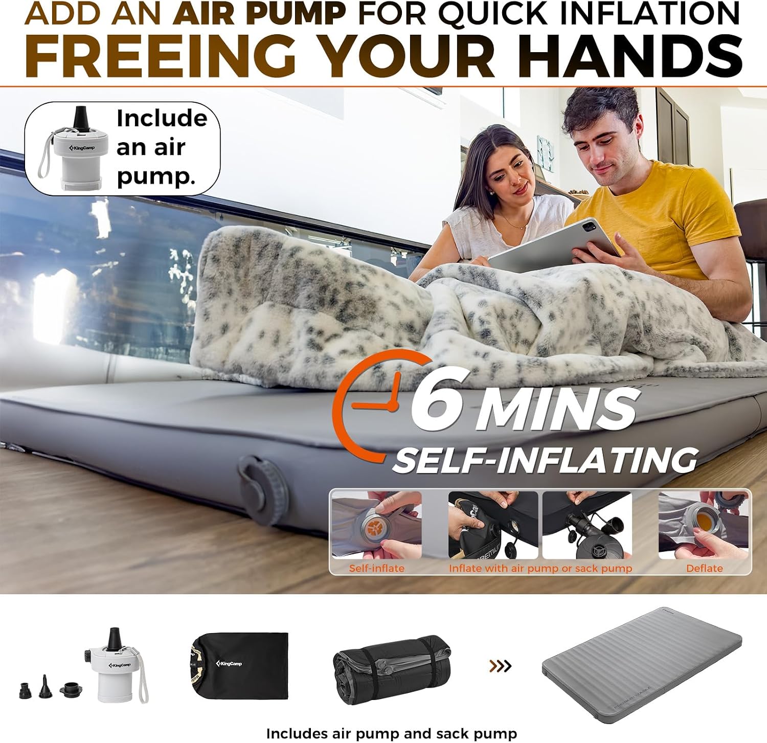 KingCamp Premium Double Camping Mattress, 7.5 R-Value, 2 Person Black