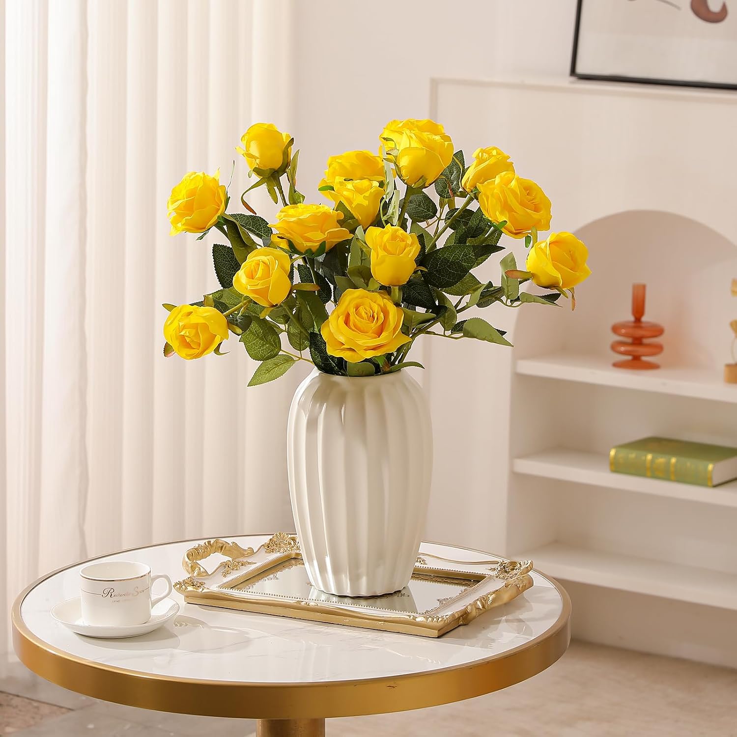 Hawesome 12PCS Artificial Silk Flowers Realistic Roses Bouquet Long Stem for Home Wedding Decoration Party (Yellow, 6 Flowers 6 Buds)