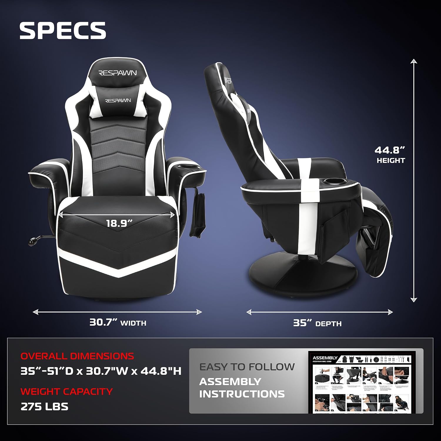 Respawn 900 Gaming Recliner Chair with Footrest, Cup Holder and Swivel