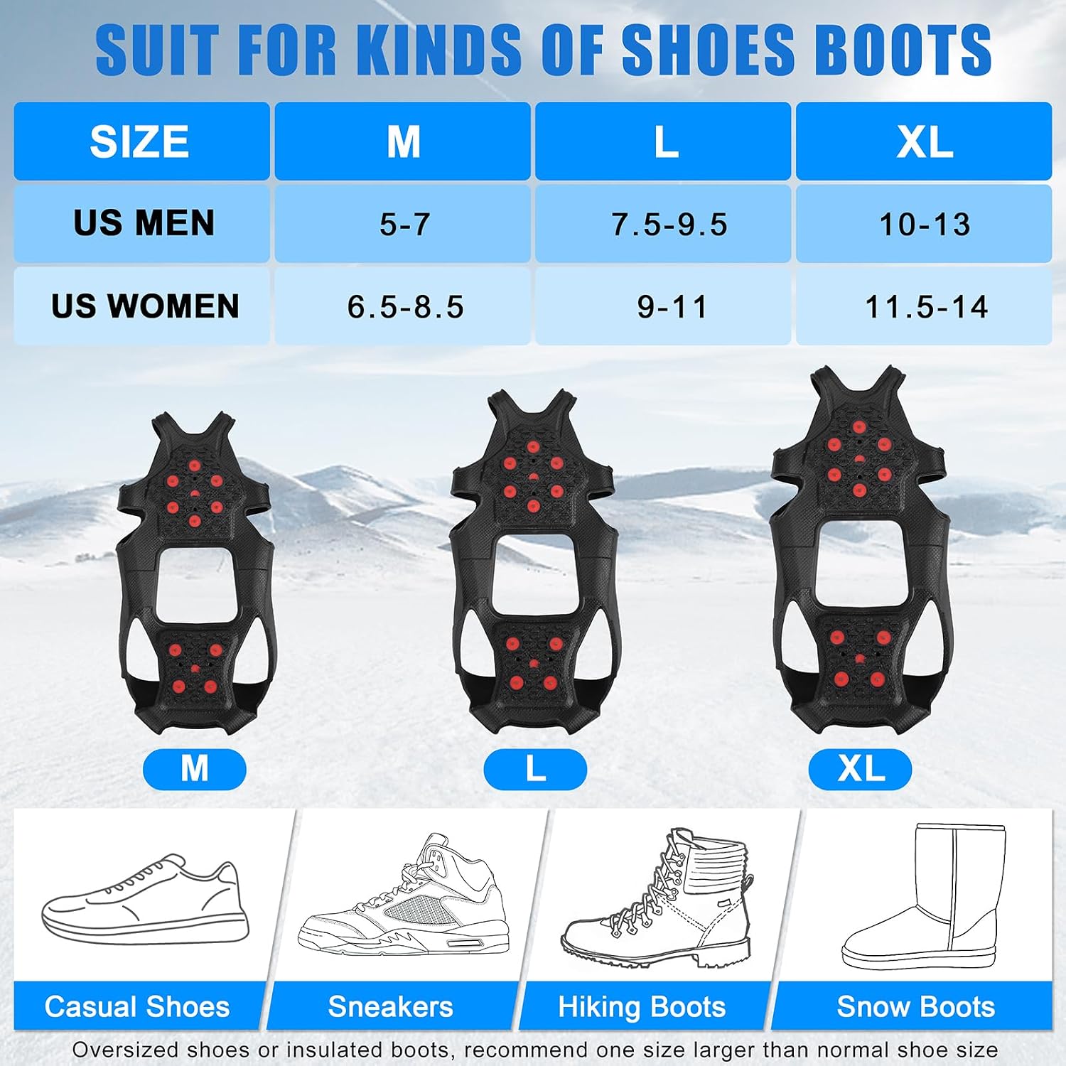 Ice Cleats Tungsten Crampons, Anti Slip Shoes Grippers with Reflective Heel, Ice Snow Cleats for Shoes and Boots Men Women Slip-on Overshoes Stretch Footwear