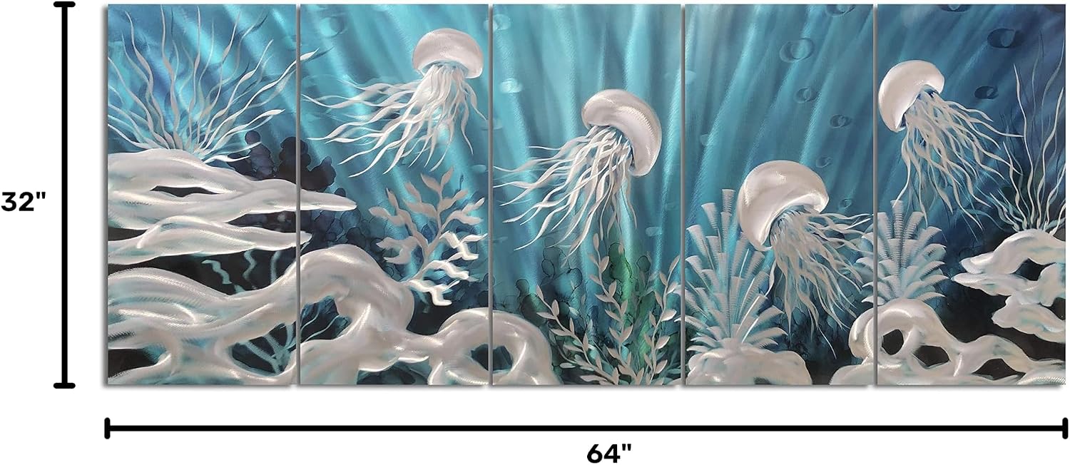 Yihui Arts Handcrafted 3D Metal Wall Art - Ocean Wave Sculpture, 5 - Panel Aluminum Decor for Living Room, Bedroom & Office