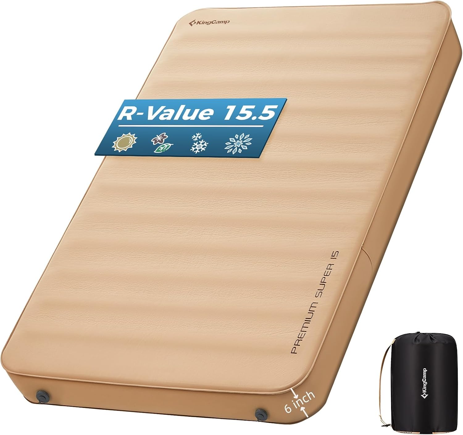 KingCamp Premium Double Camping Mattress, 7.5 R-Value, 2 Person Black