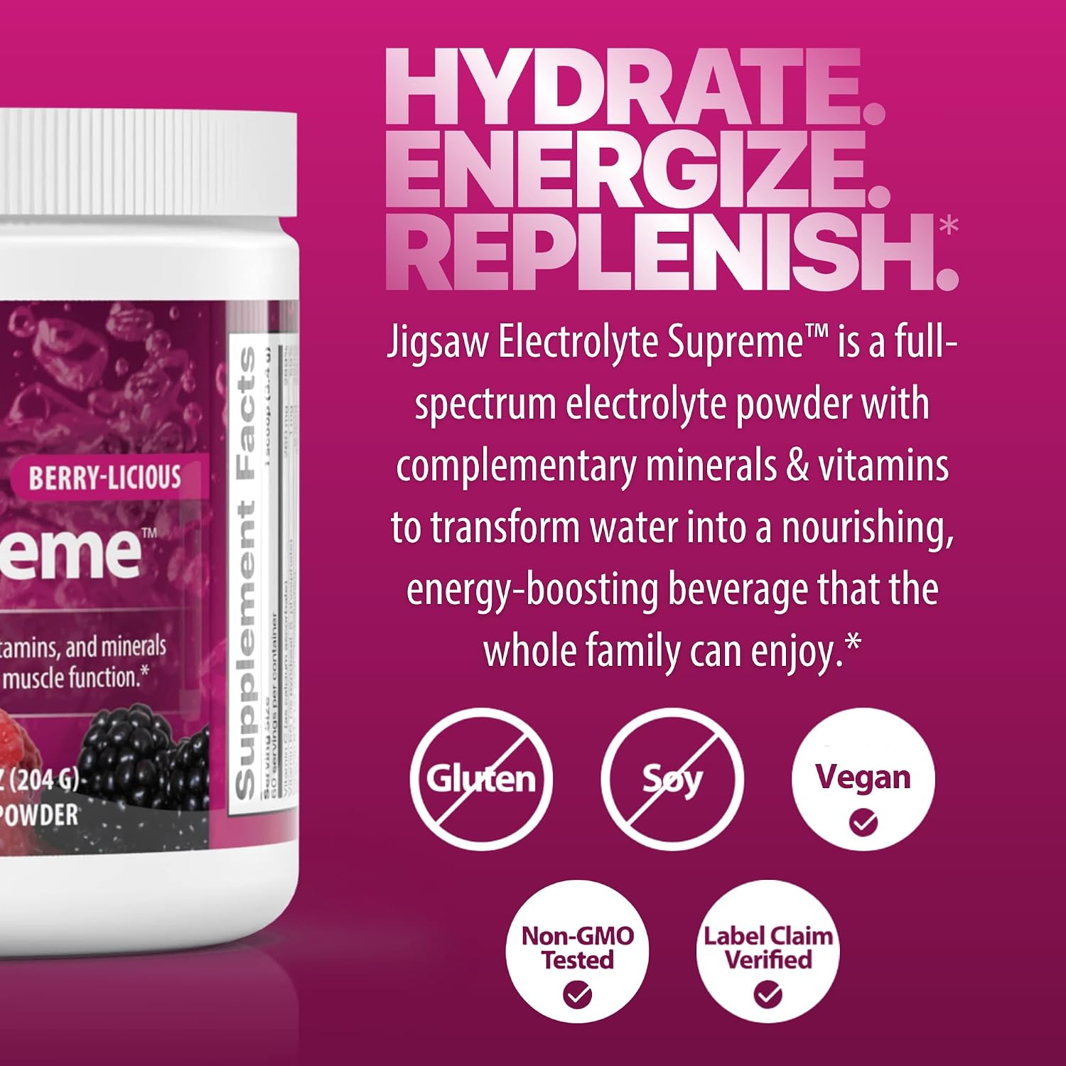Jigsaw Health Electrolyte Supreme | Broad Spectrum of Electrolytes + Trace Minerals | Berry-Licious Flavor | 60 Servings (Jar)